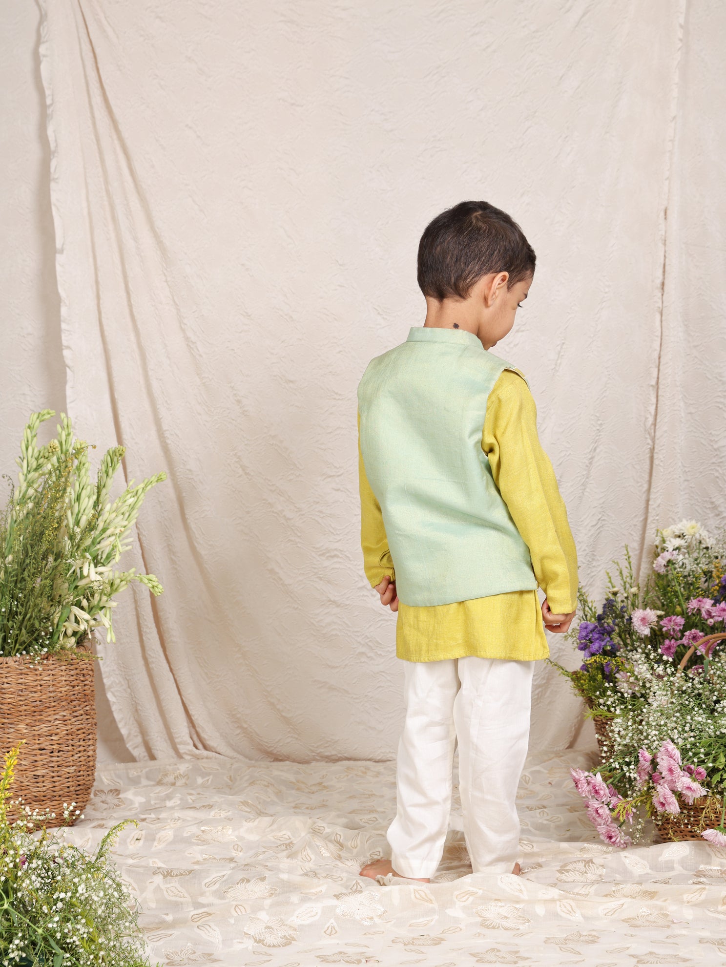 Sea Green Applique Nehru Jacket With Lime Green Kurta and Pant