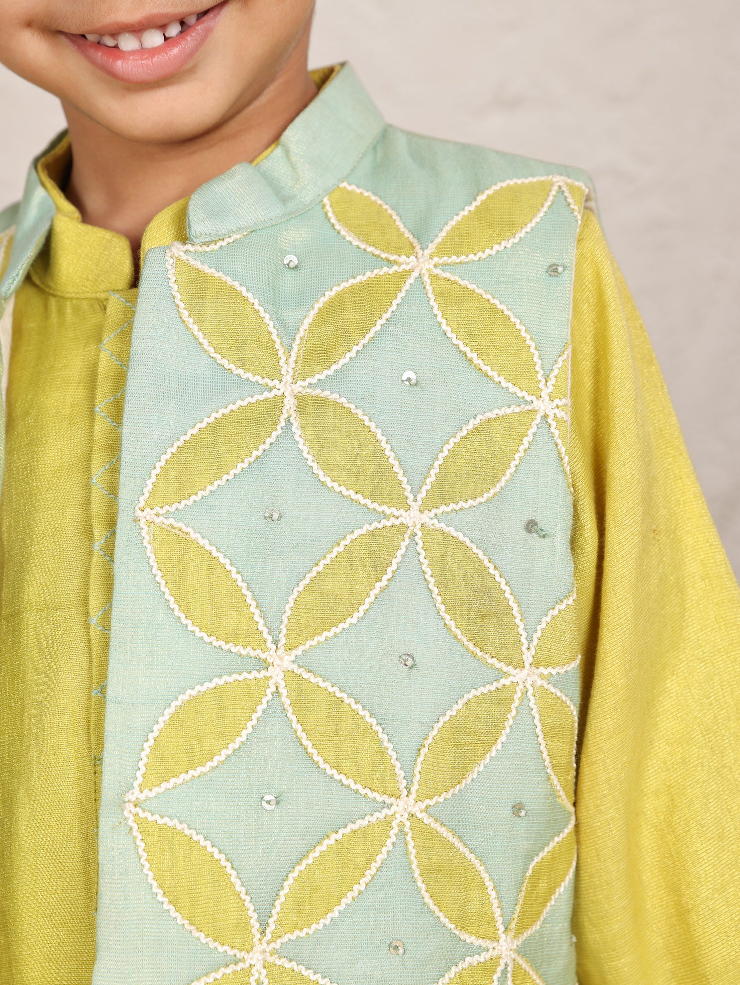Sea Green Applique Nehru Jacket With Lime Green Kurta and Pant