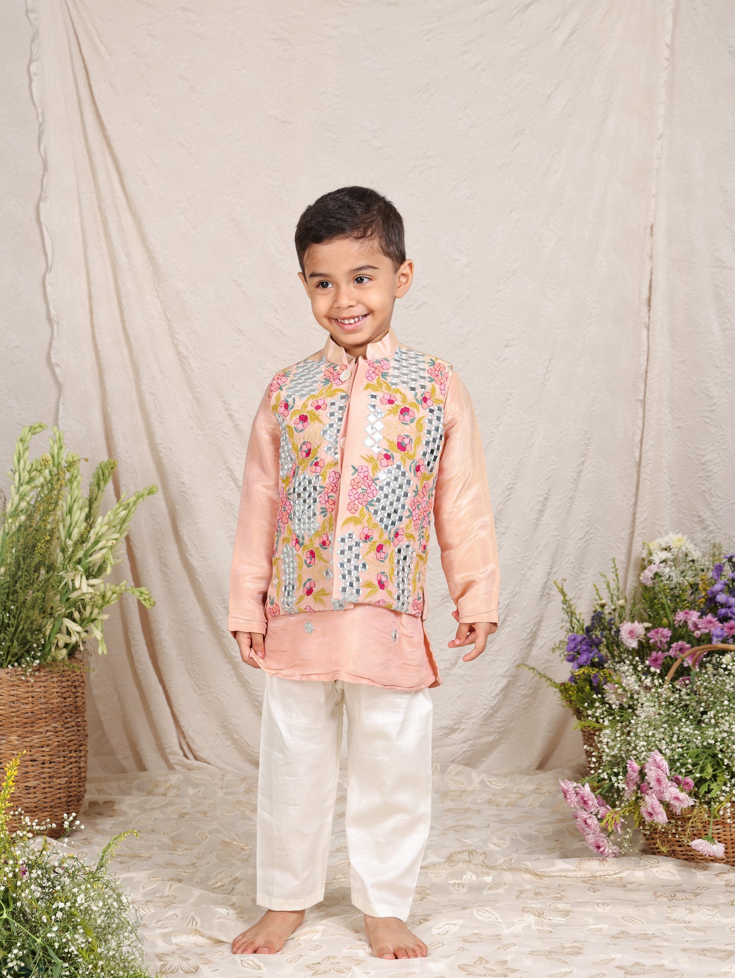 Pink Faux Mirror Nehru Jacket Set