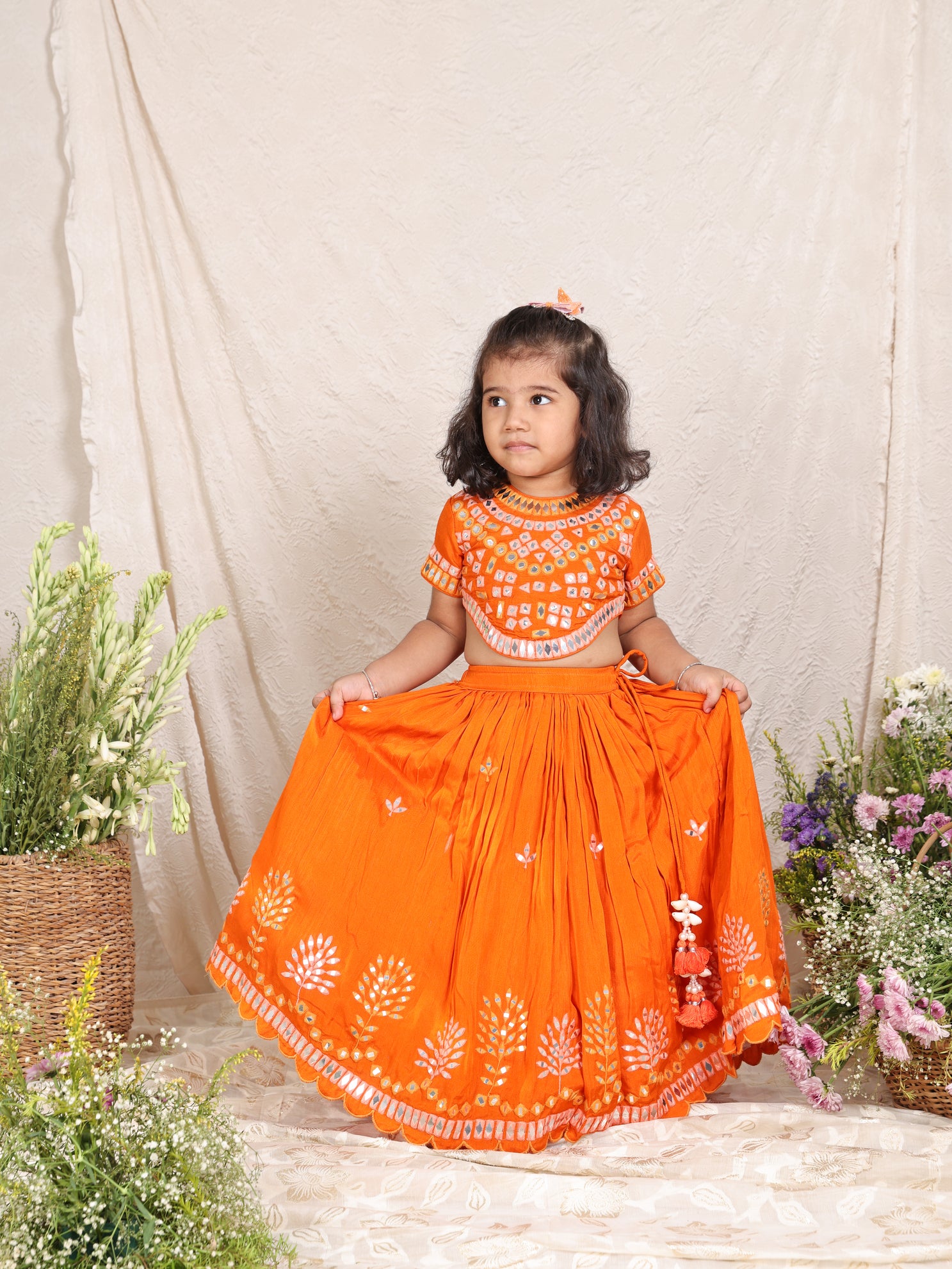 Multicolour Thread And Faux Mirror Embroidered Orange Ghaghra and Blouse