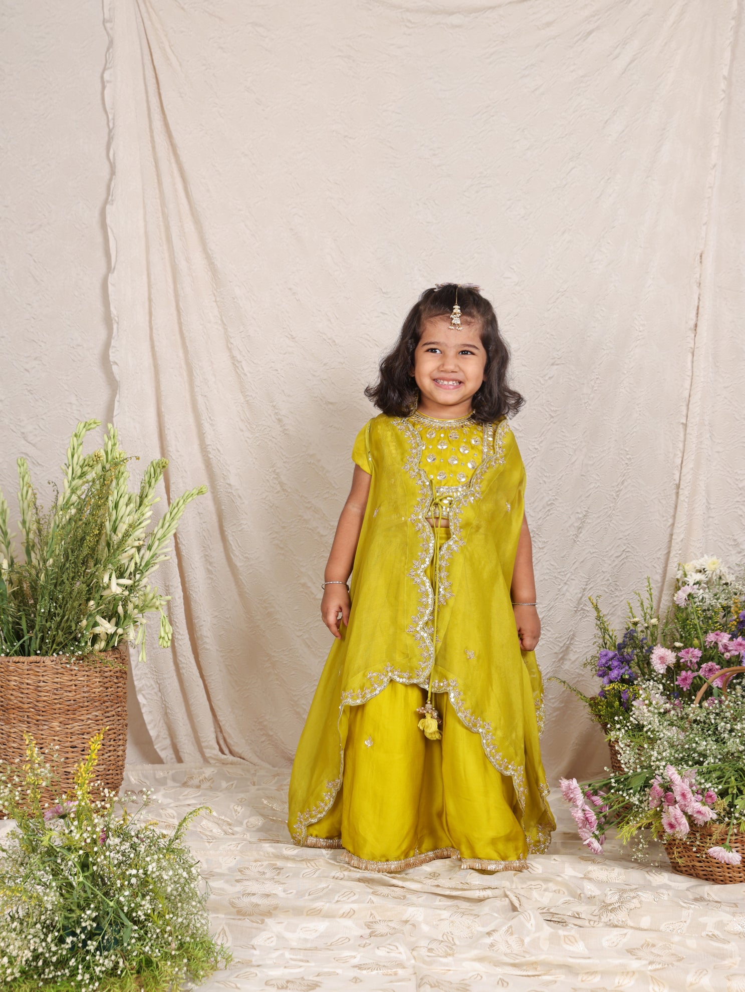 Beautiful Zari And Sequins Worked Lime Green Cape With Heavy Embroidered Blouse and Ghaghra