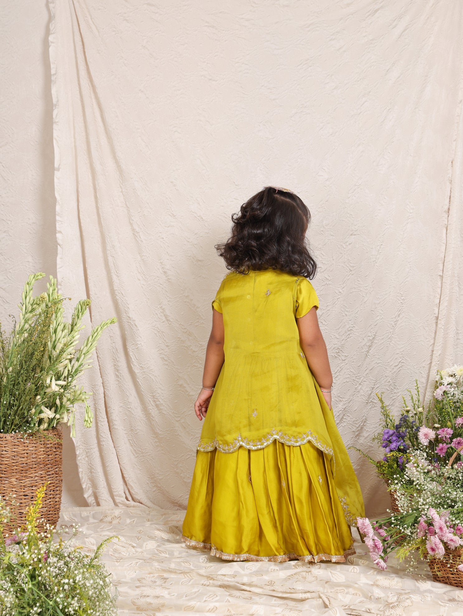 Beautiful Zari And Sequins Worked Lime Green Cape With Heavy Embroidered Blouse and Ghaghra