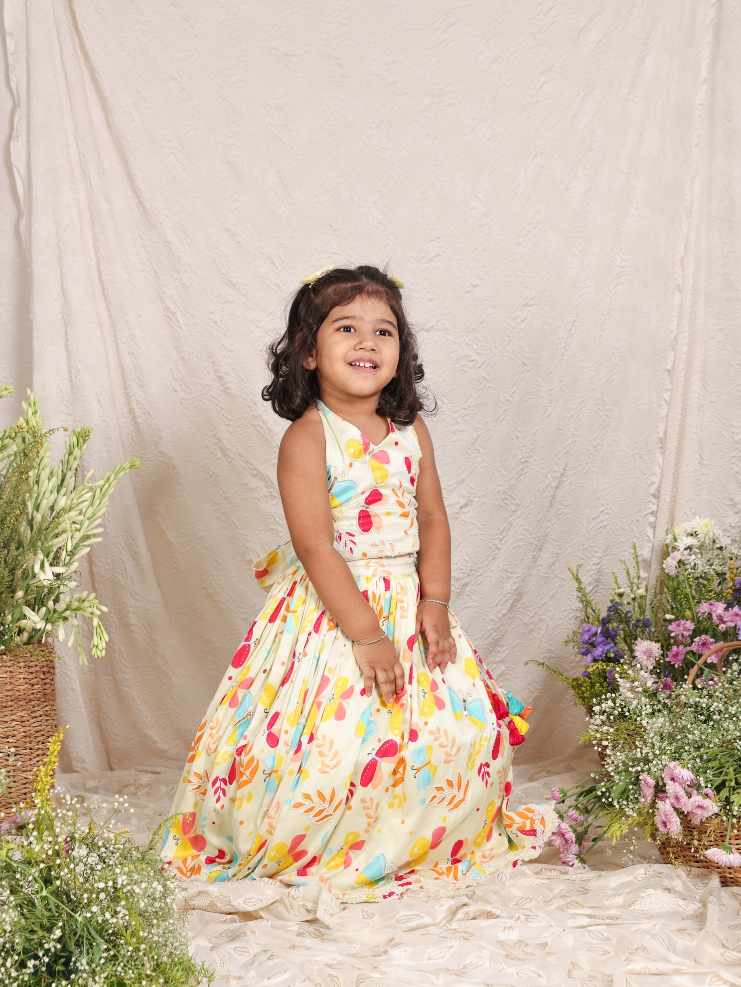 Butterfly Printed Halter neck Top and Ghagara with Dupatta