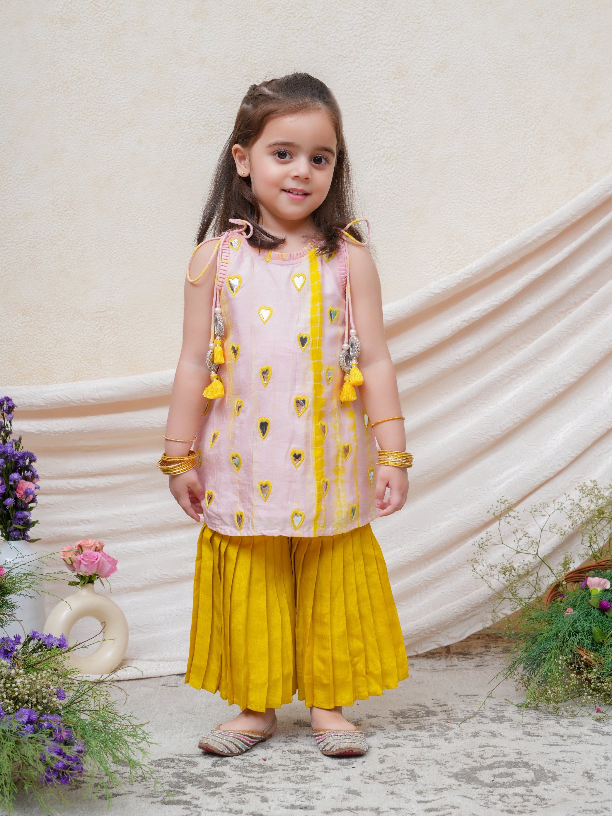Pink and Lime Green Shiboree Hearts Embroidered Kurta and Sharara