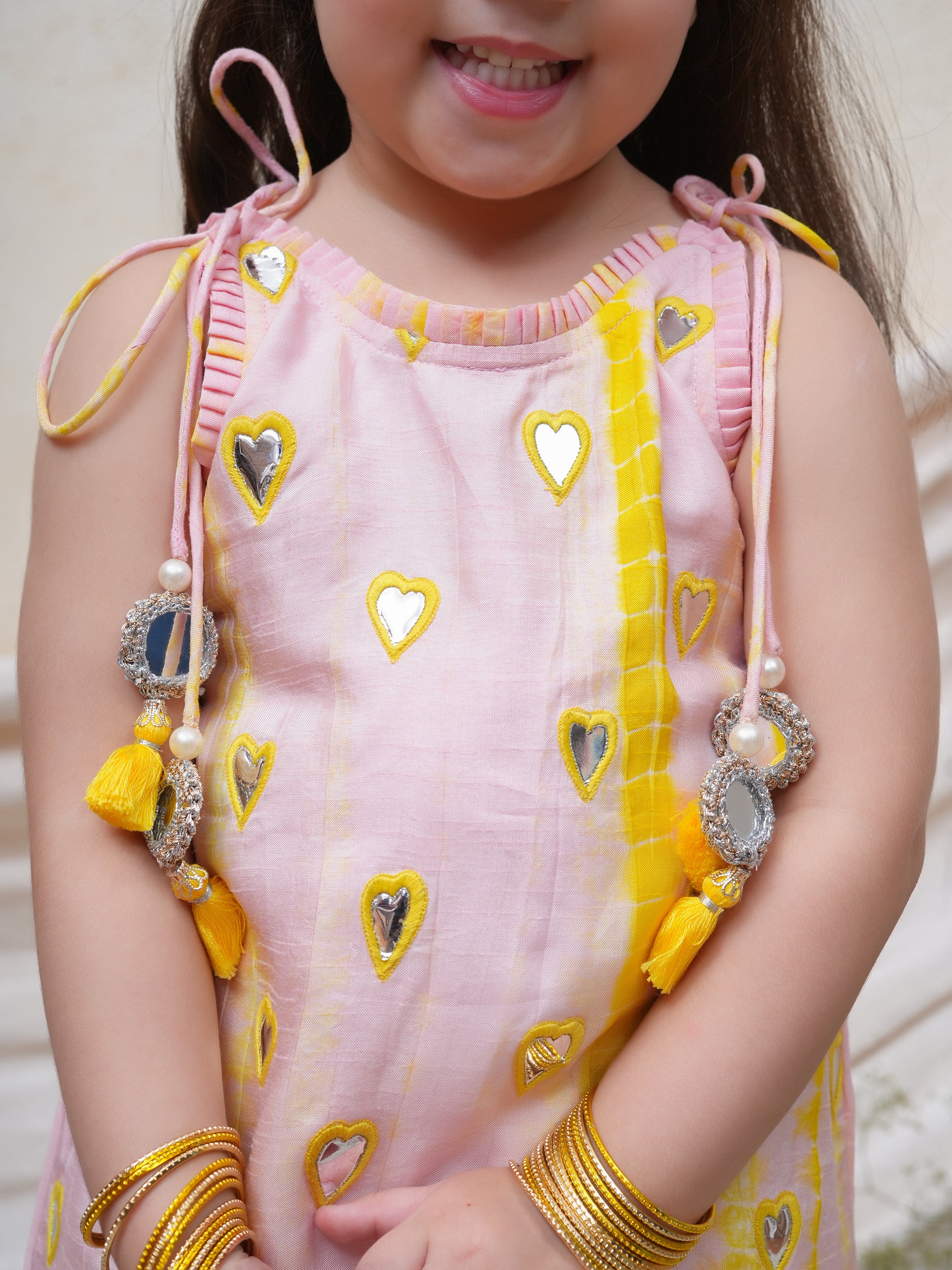 Pink and Lime Green Shiboree Hearts Embroidered Kurta and Sharara
