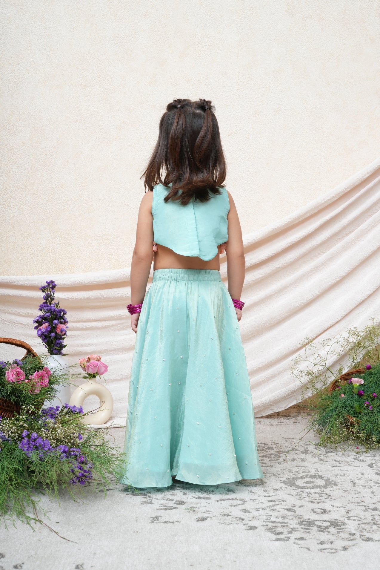 Turquoise Zari and Thread Embroidered Top and Sequins Scattered Flare Pant