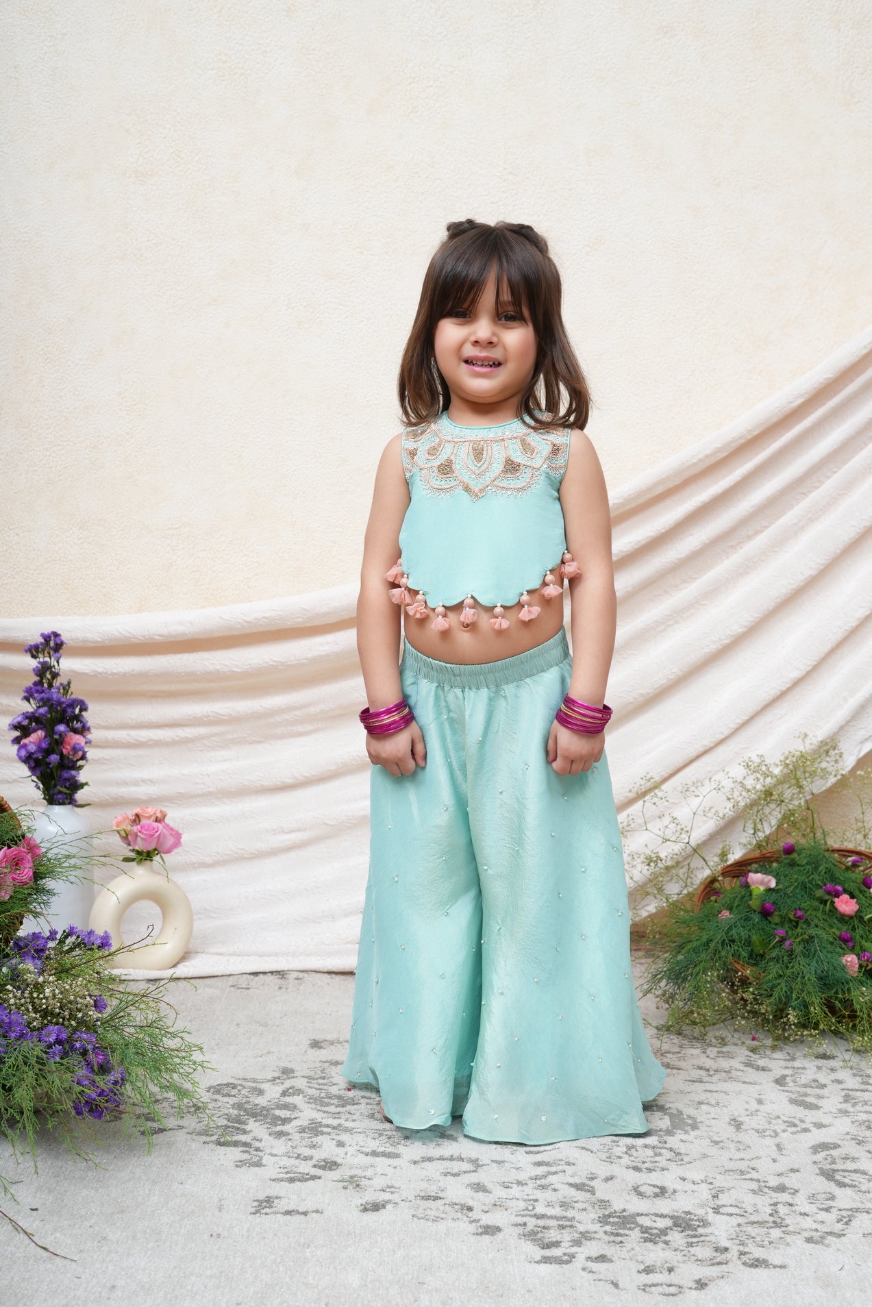 Turquoise Zari and Thread Embroidered Top and Sequins Scattered Flare Pant