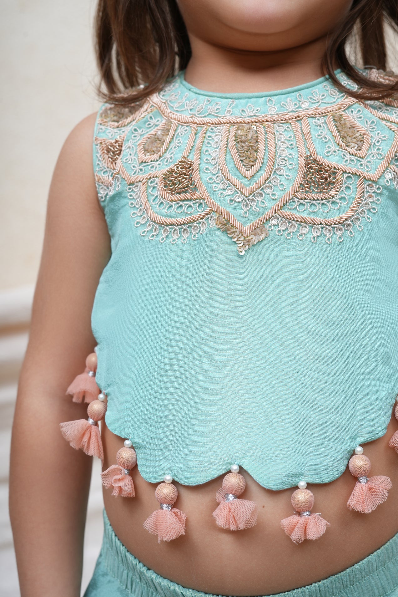Turquoise Zari and Thread Embroidered Top and Sequins Scattered Flare Pant