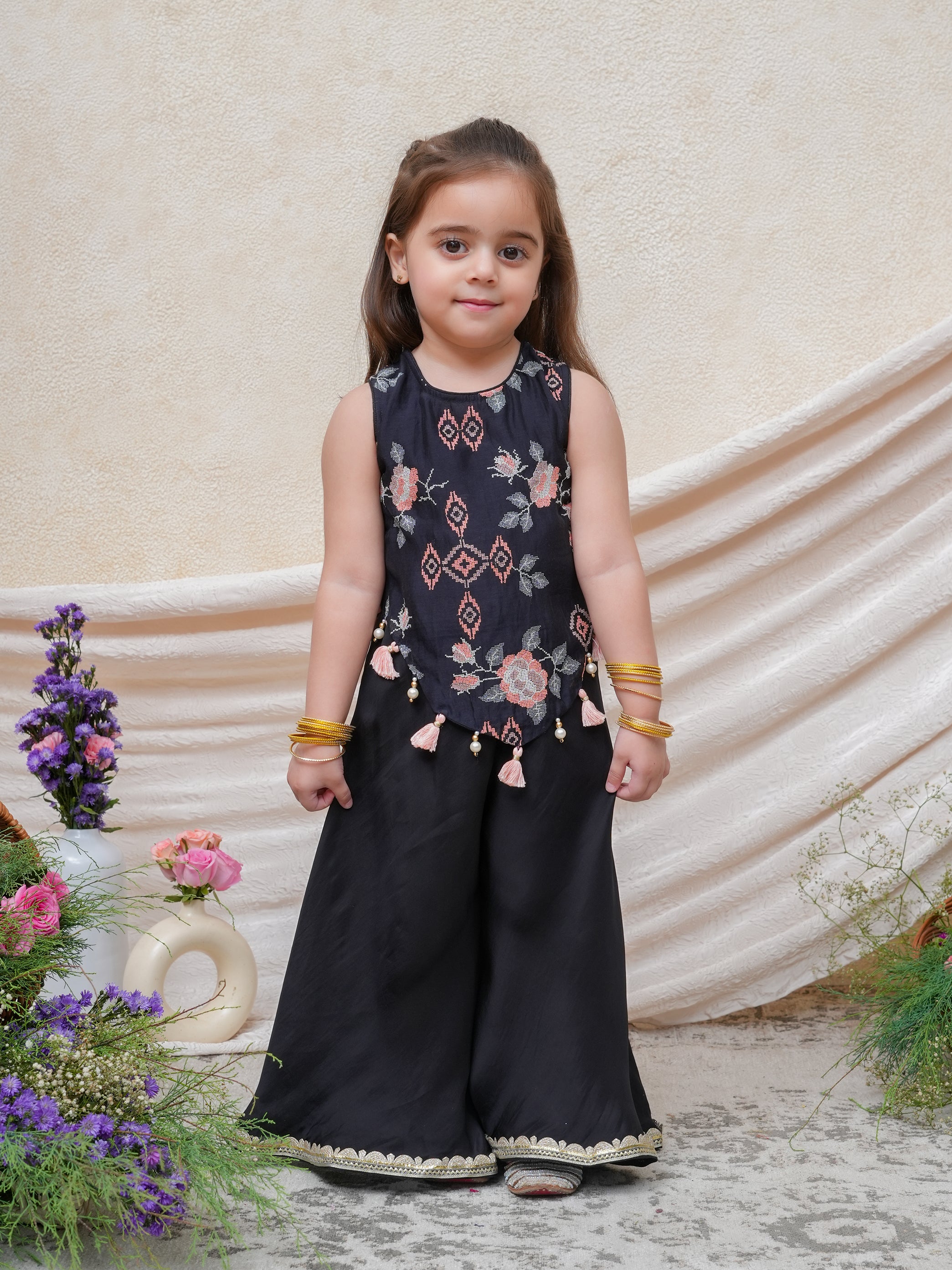 Black Crosstitch Top and Flare Pant