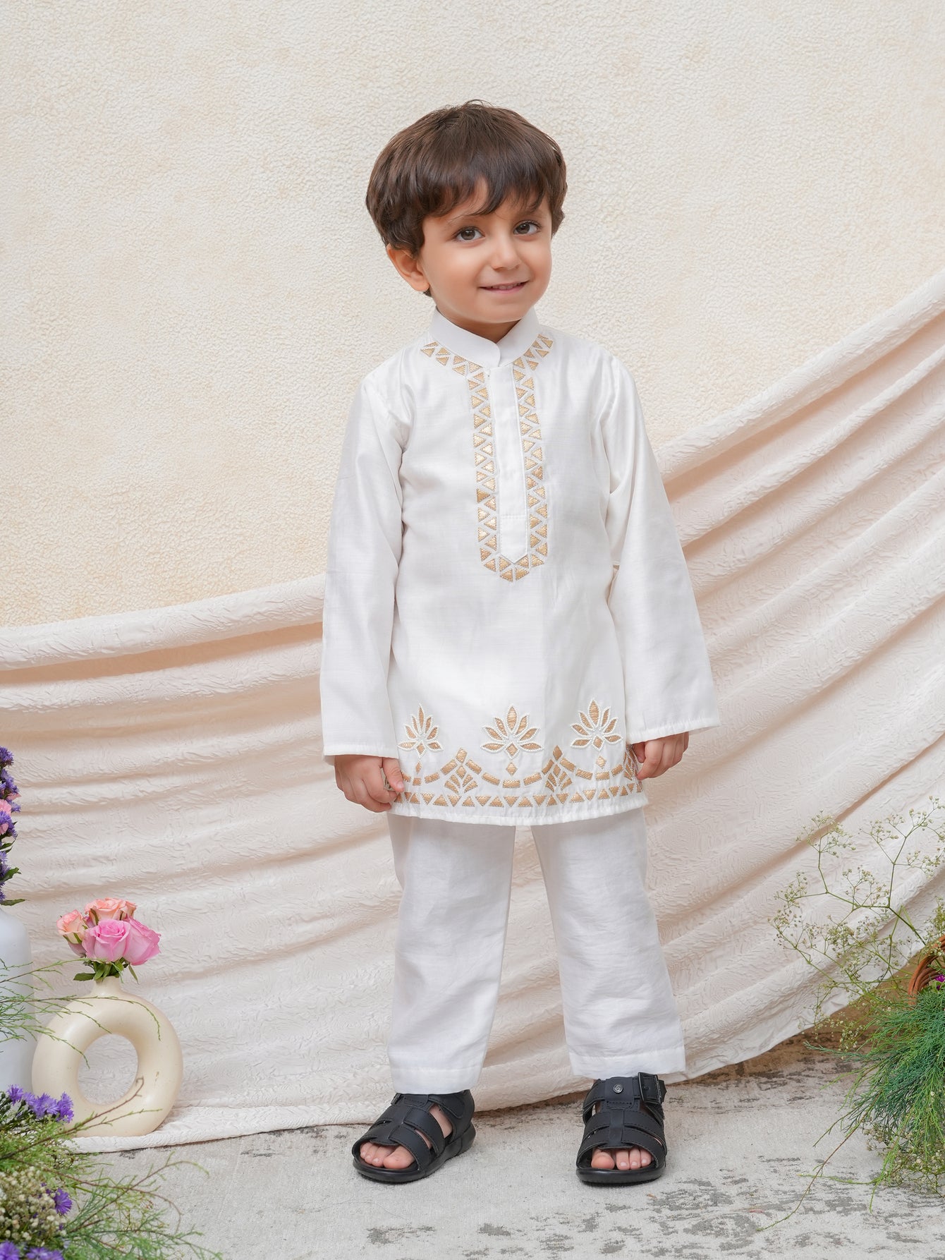 Gota Lotus Embroidered Off White Kurta and Pant