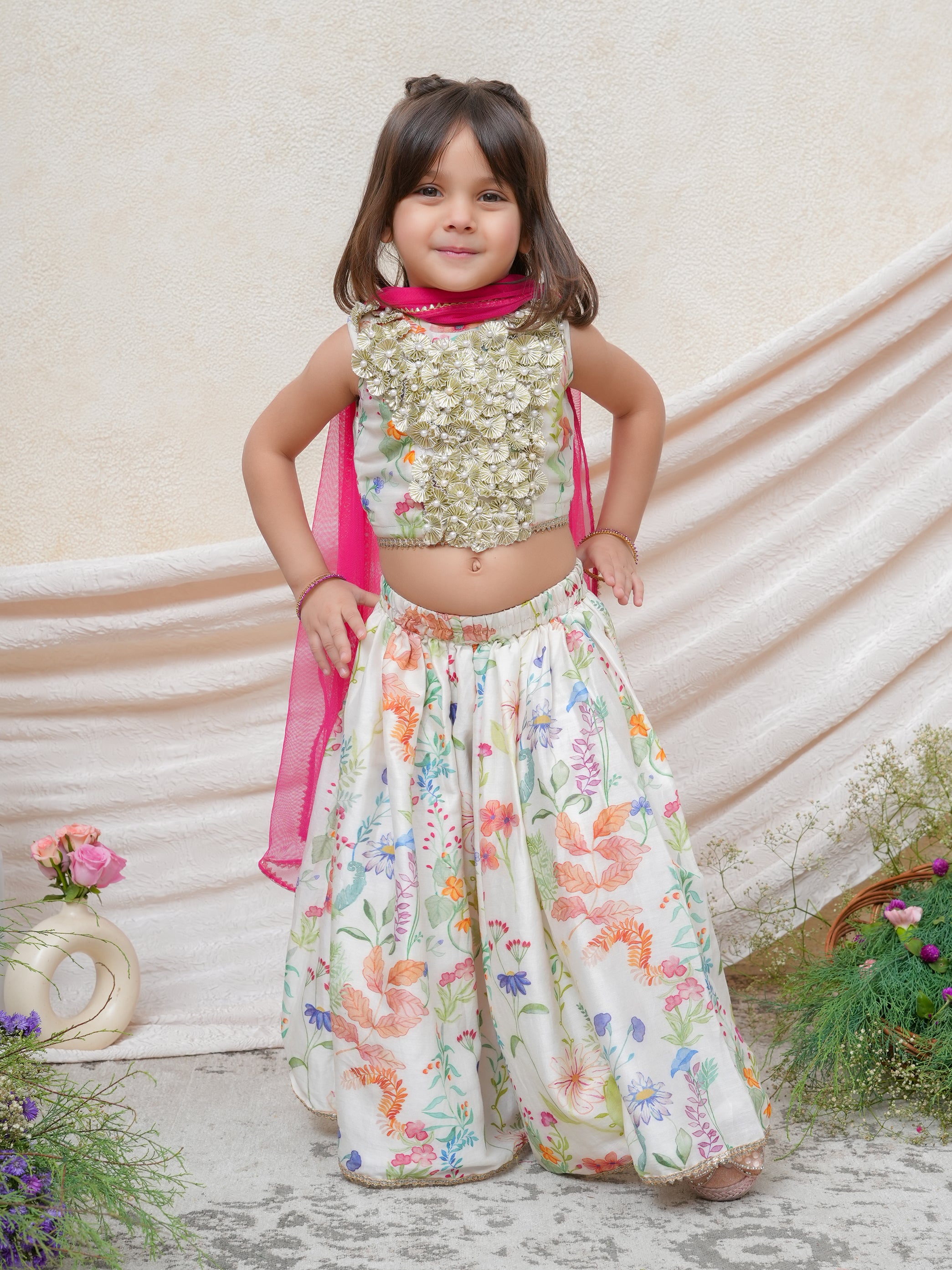 Off White Floral Printed Gota Blouse with Ghaghra and Dupatta