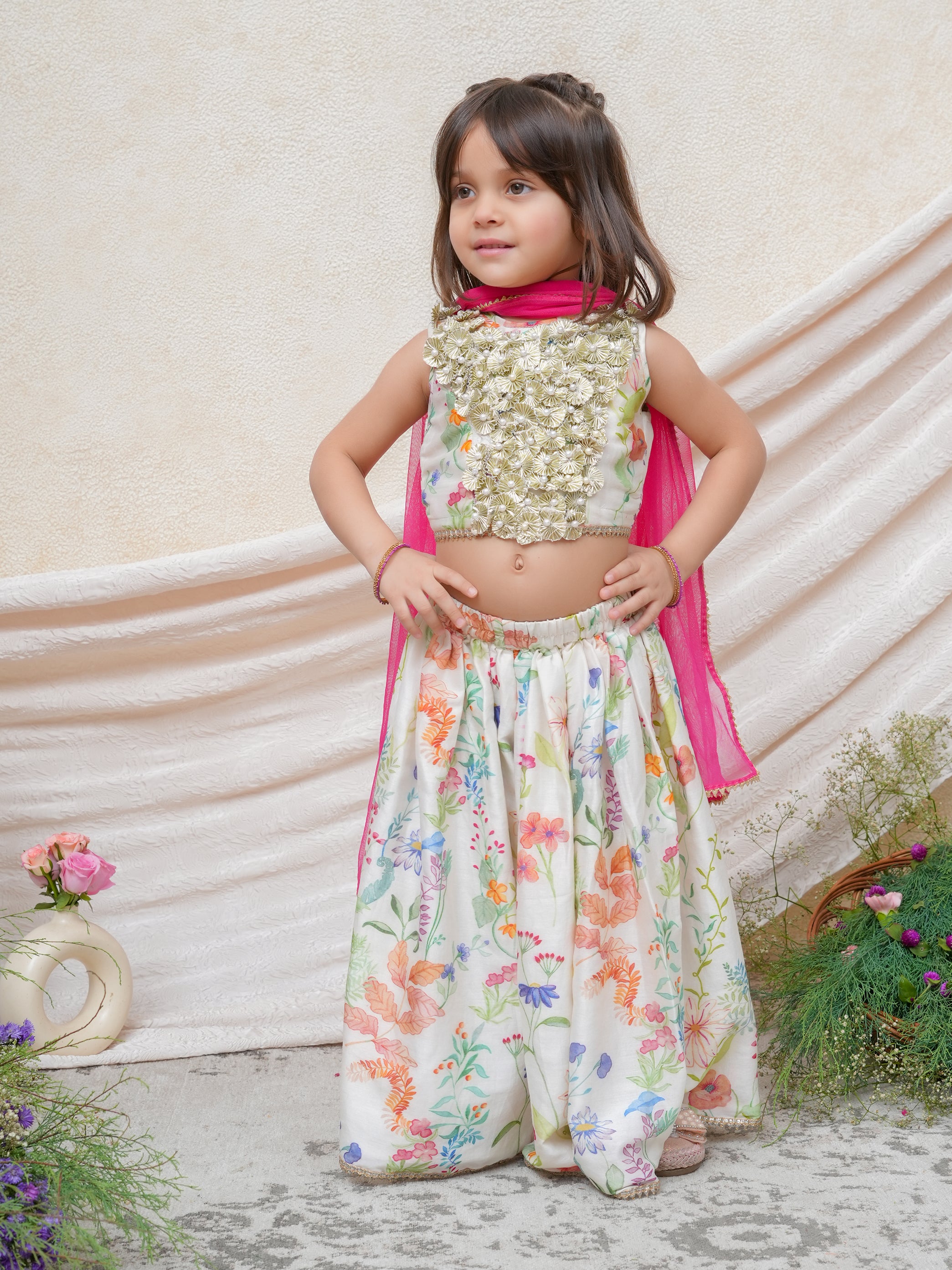 Off White Floral Printed Gota Blouse with Ghaghra and Dupatta