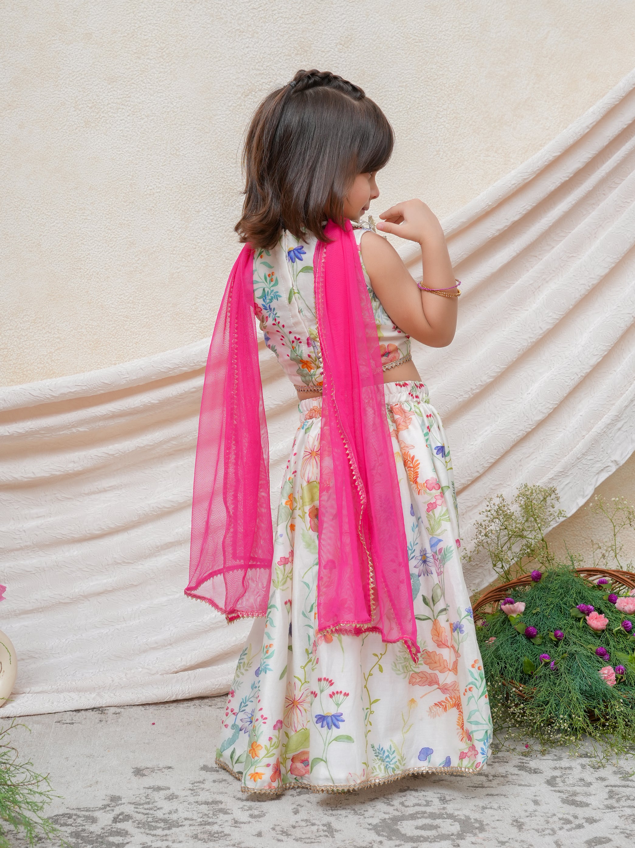 Off White Floral Printed Gota Blouse with Ghaghra and Dupatta