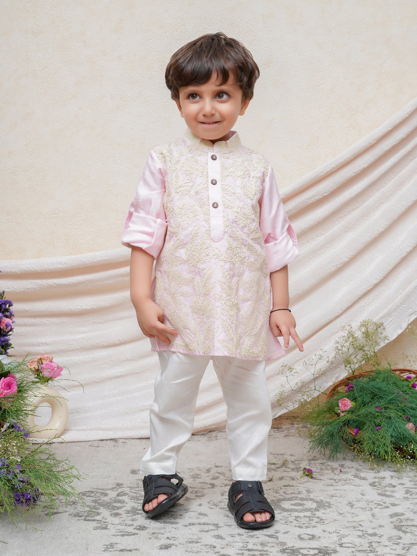 Cord Thread Embroidered Candy Pink Kurta and Pant