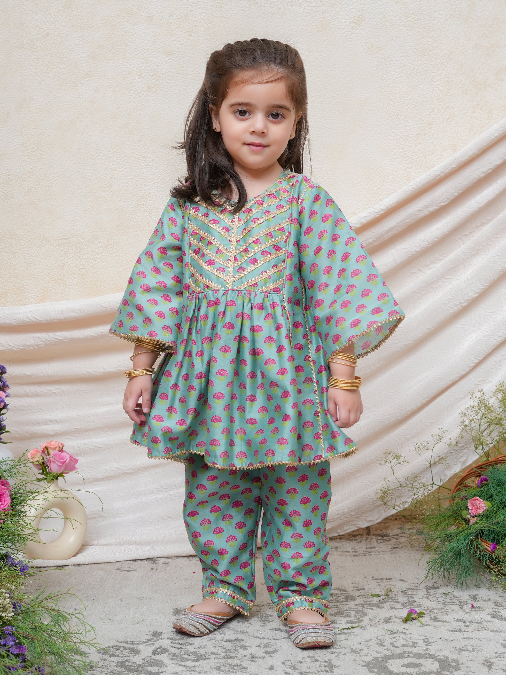 Mint Floral Printed Gota Lace Detailed Peplum and Pant
