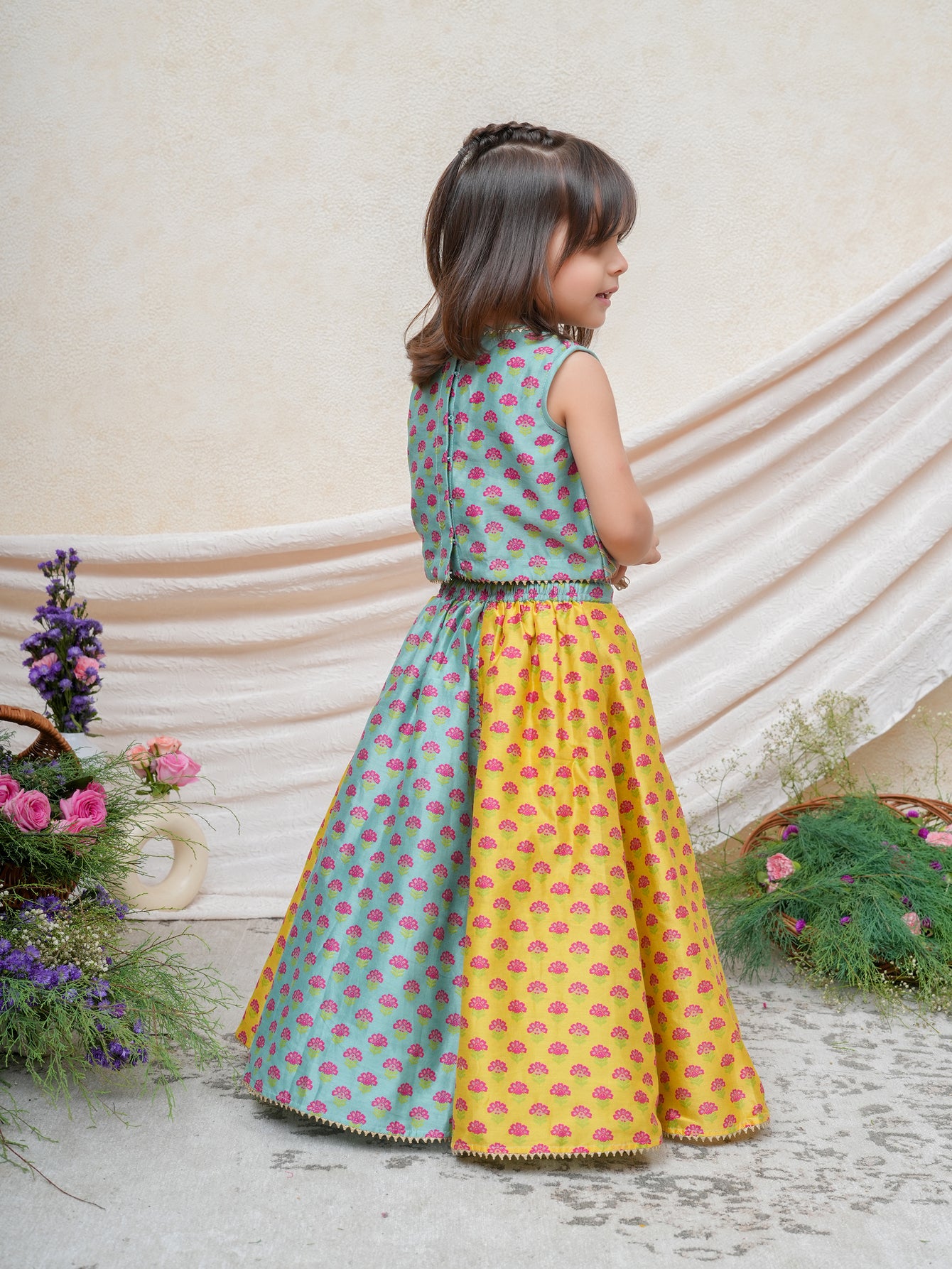 Floral Printed Alternative Colour Kali Ghaghra and Gota Detailed Blouse