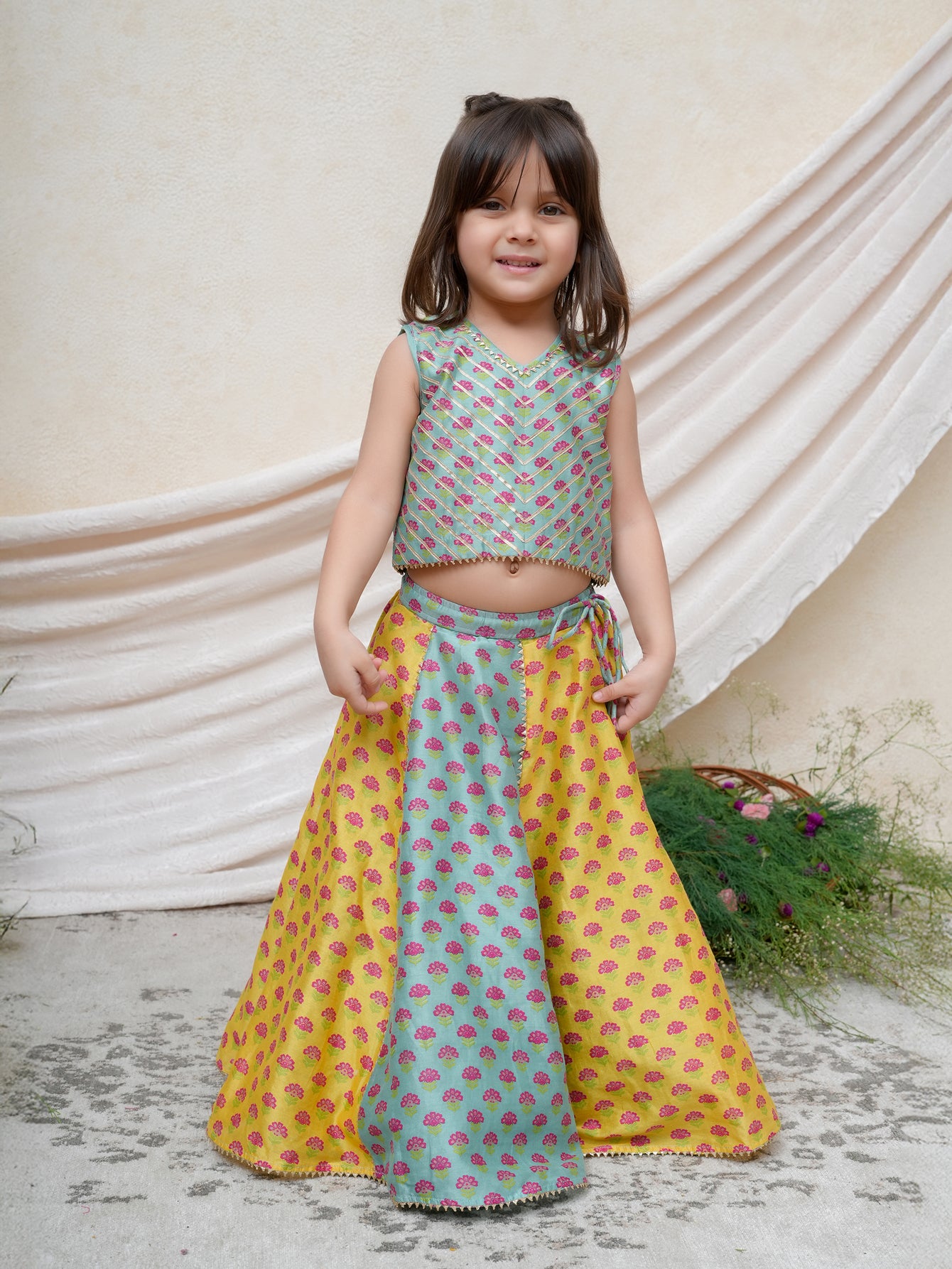 Floral Printed Alternative Colour Kali Ghaghra and Gota Detailed Blouse