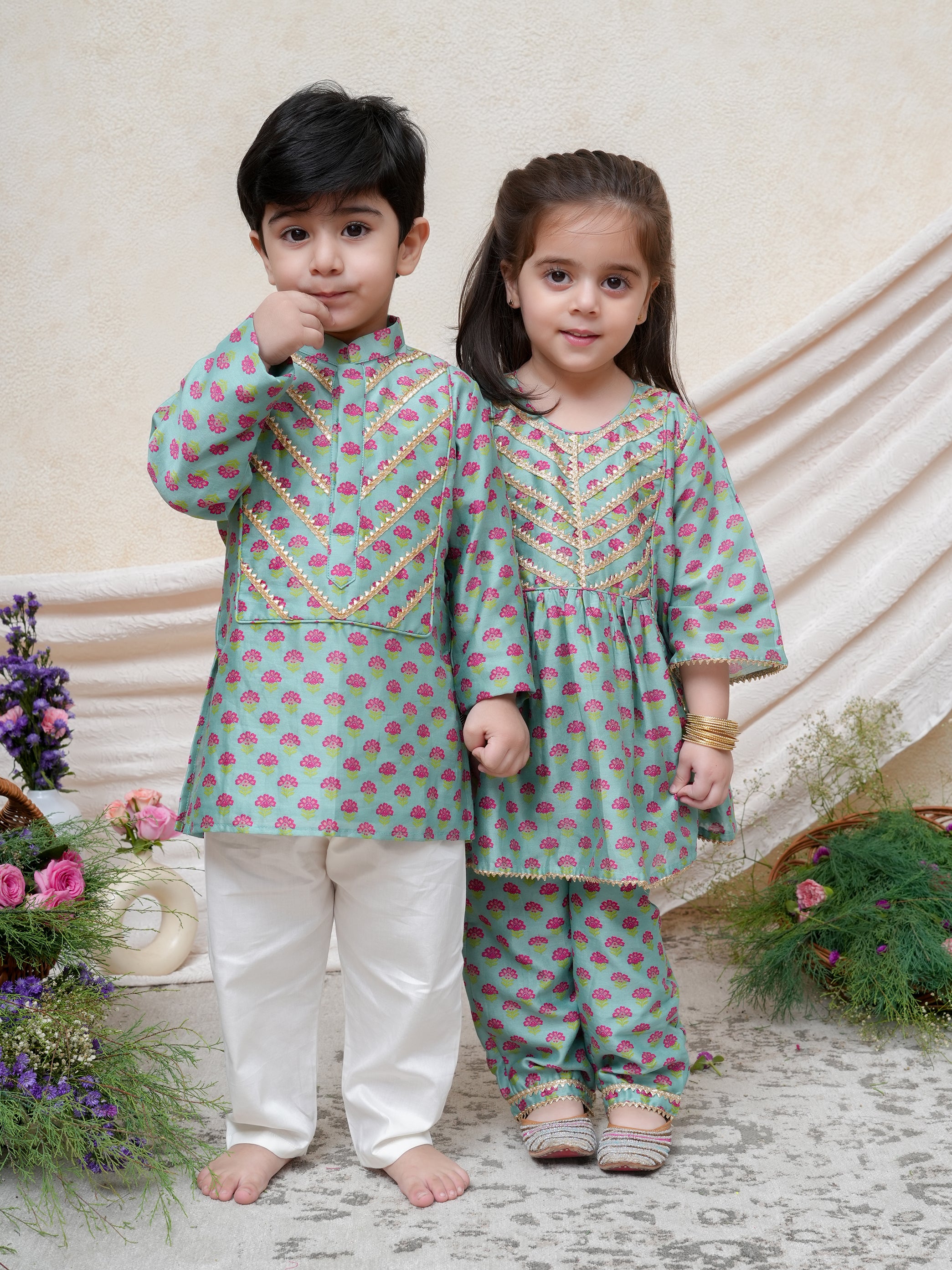 Mint Floral Printed Gota Lace Detailed Kurta and Pyjama