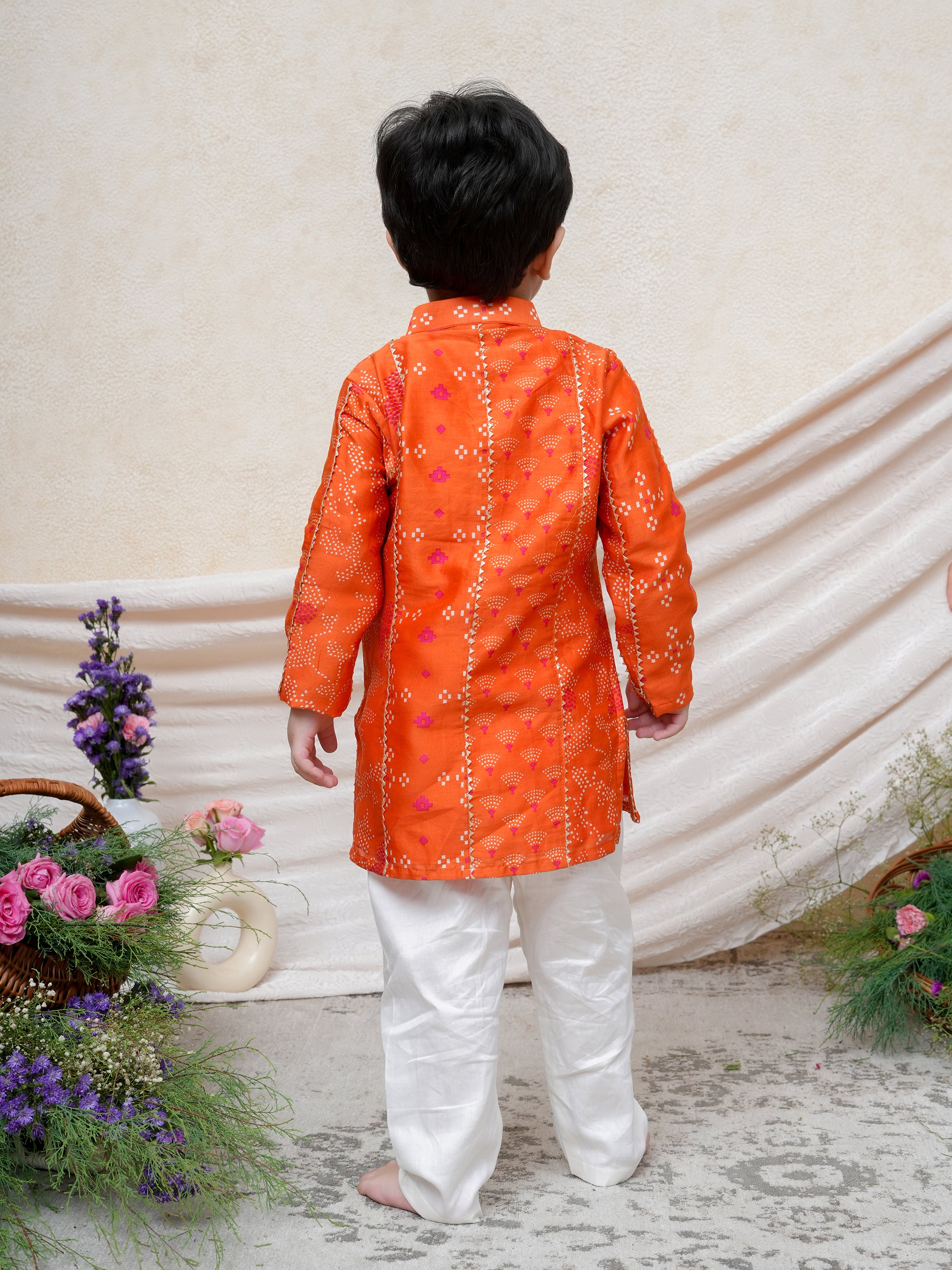Orange Chanderi Printed Gota Lace Detailed Kurta and Pant