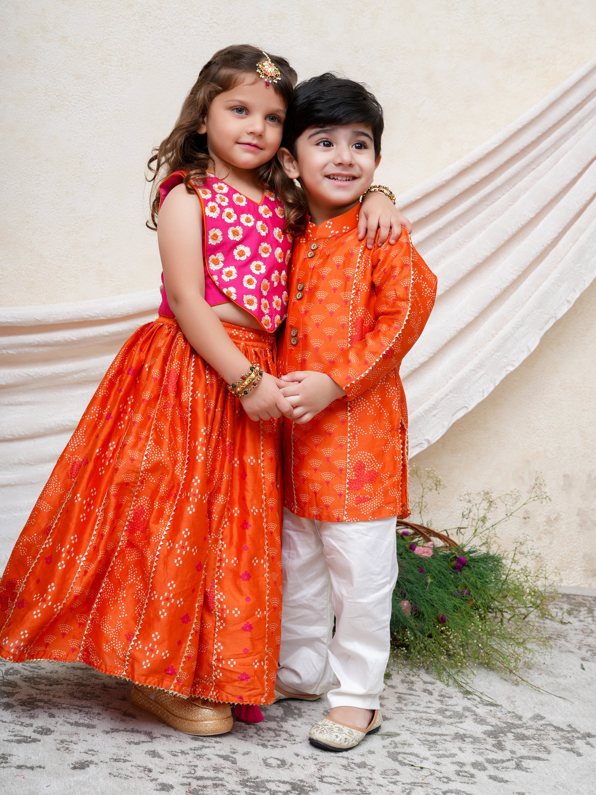 Hot Pink Gota Embroidered Top with Orange Chanderi Gota Ghaghra