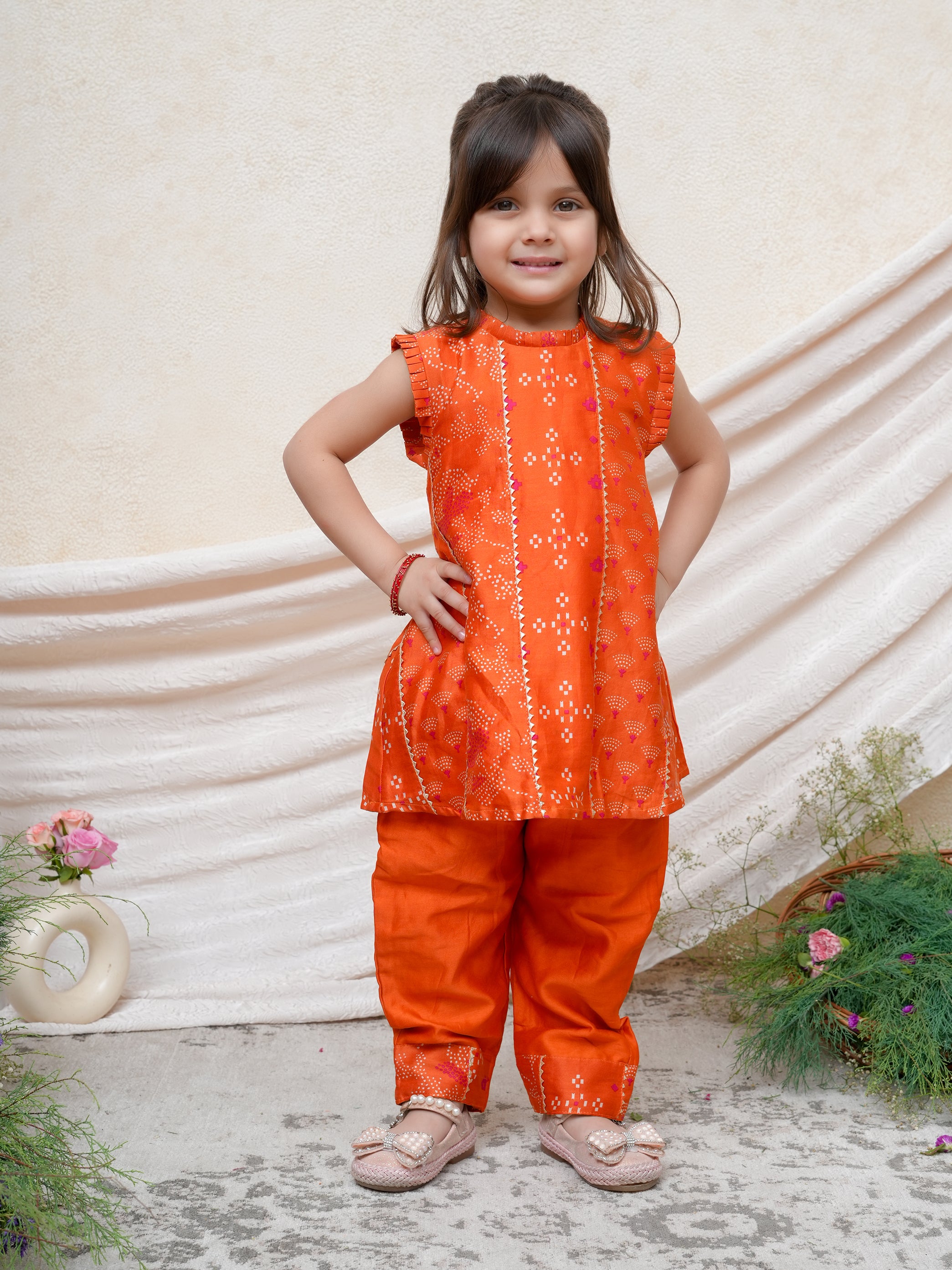 Orange Chanderi Printed Gota Lace Detailed Kurta and Pant