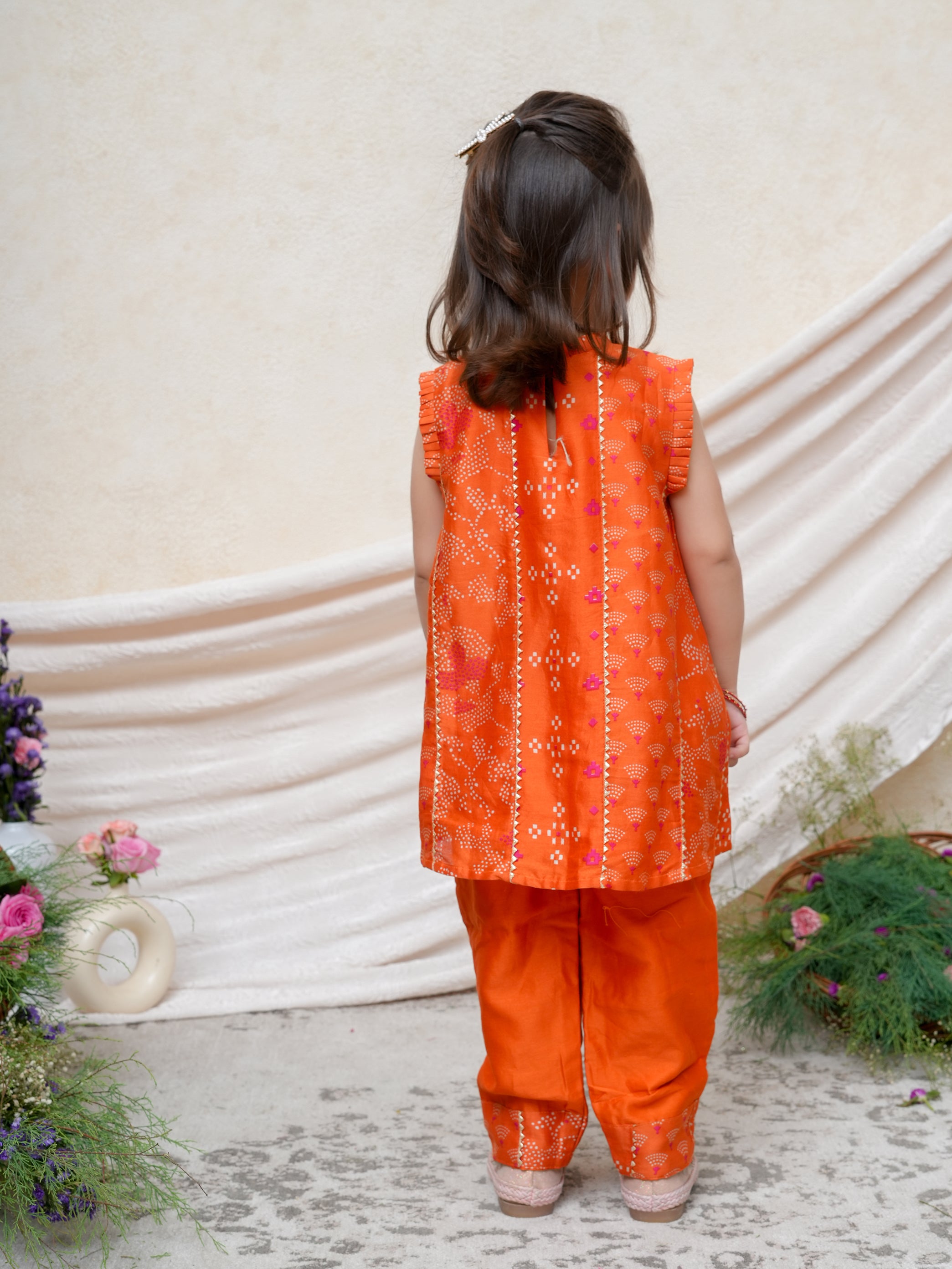 Orange Chanderi Printed Gota Lace Detailed Kurta and Pant