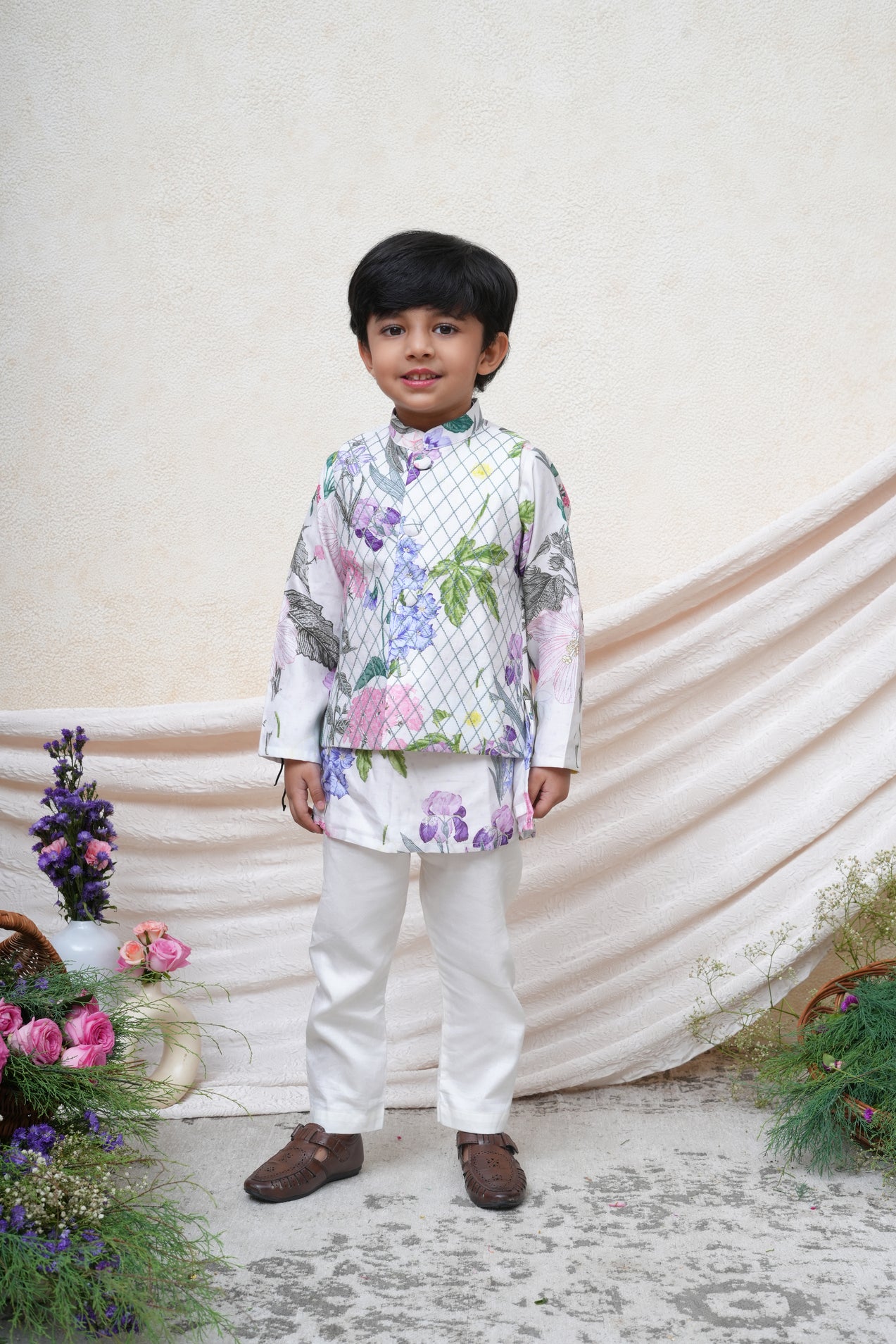 Floral Printed Thread Anchored Nehru Jacket with Kurta and Pant