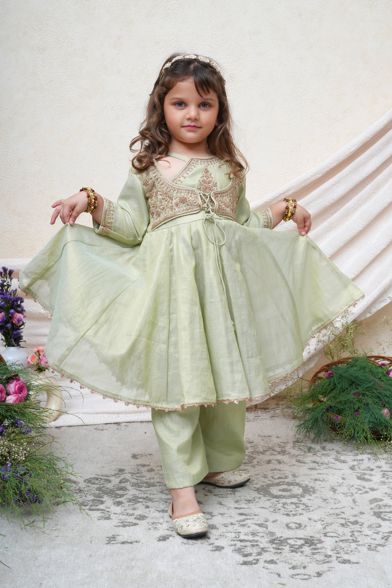 Zari Embroidered Pista Green Tissue Anarkali With Pant