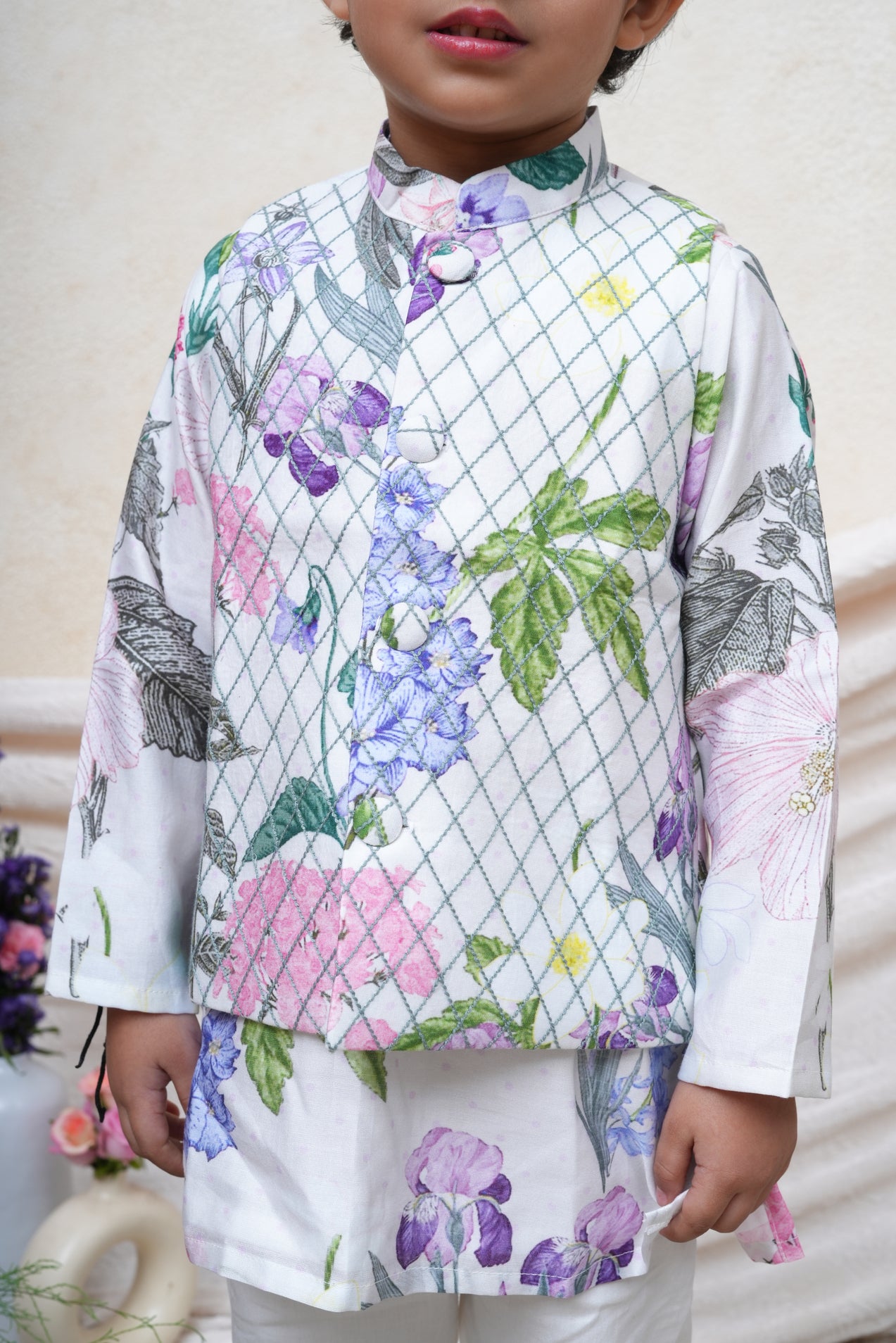 Floral Printed Thread Anchored Nehru Jacket with Kurta and Pant