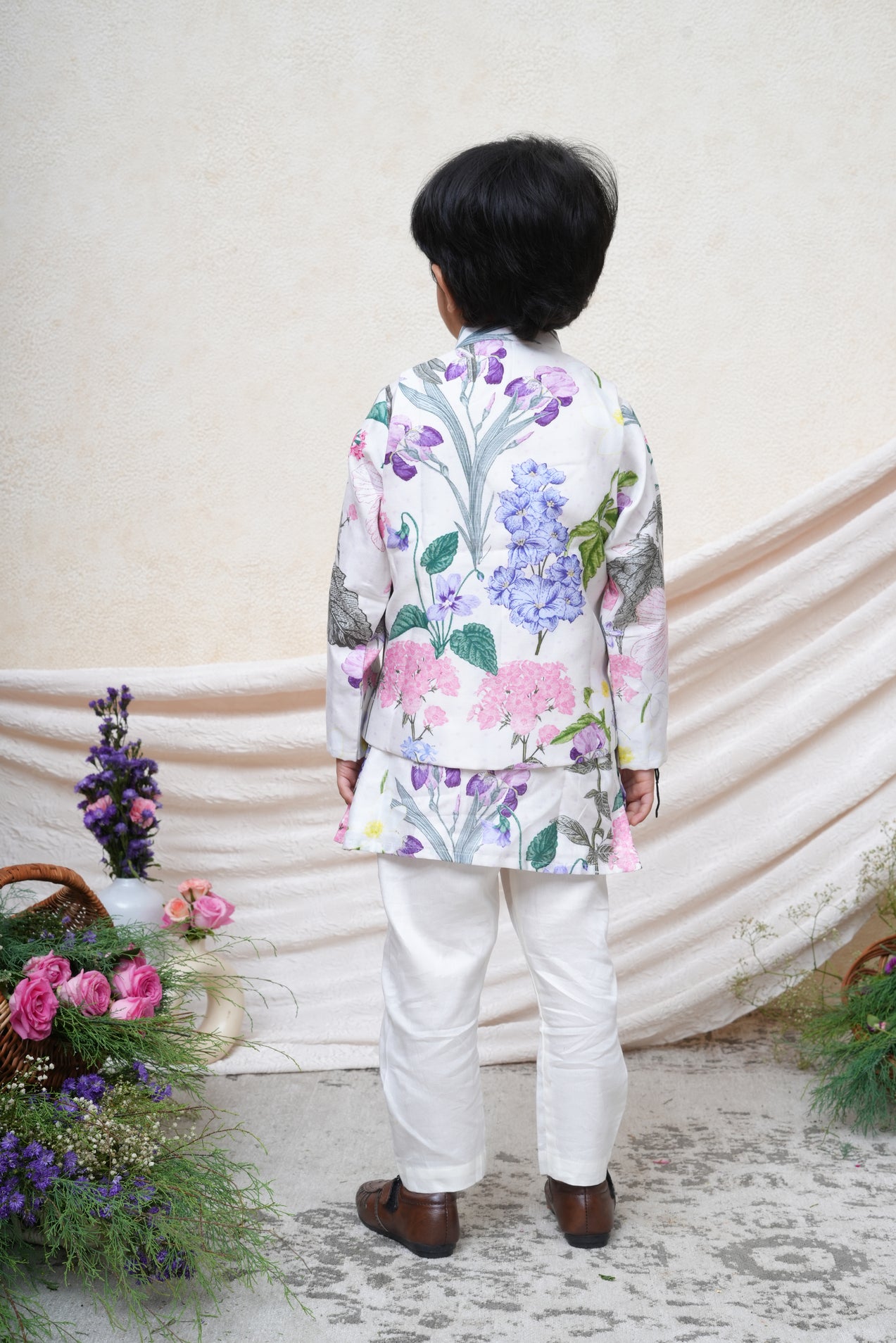 Floral Printed Thread Anchored Nehru Jacket with Kurta and Pant