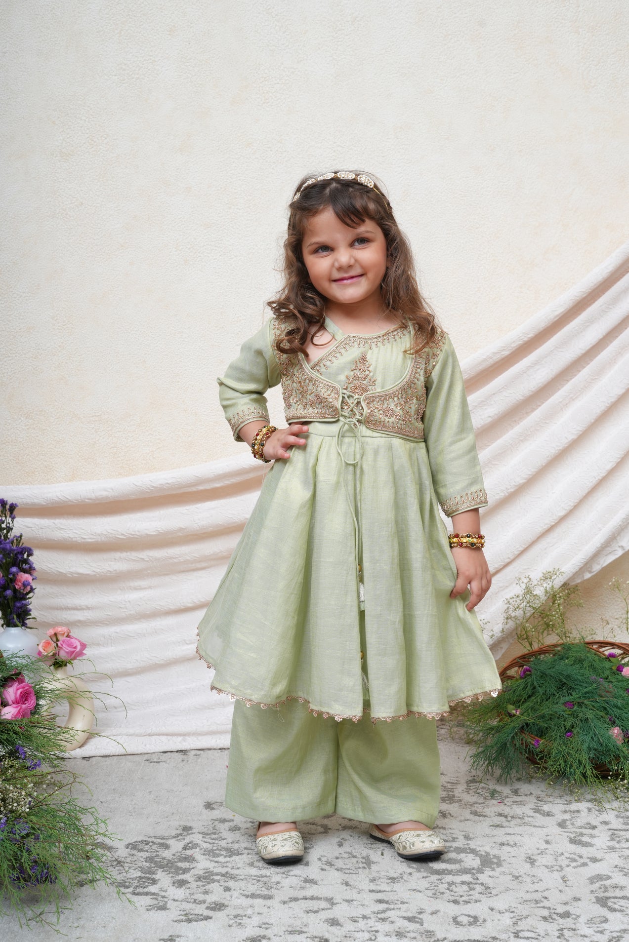 Zari Embroidered Pista Green Tissue Anarkali With Pant