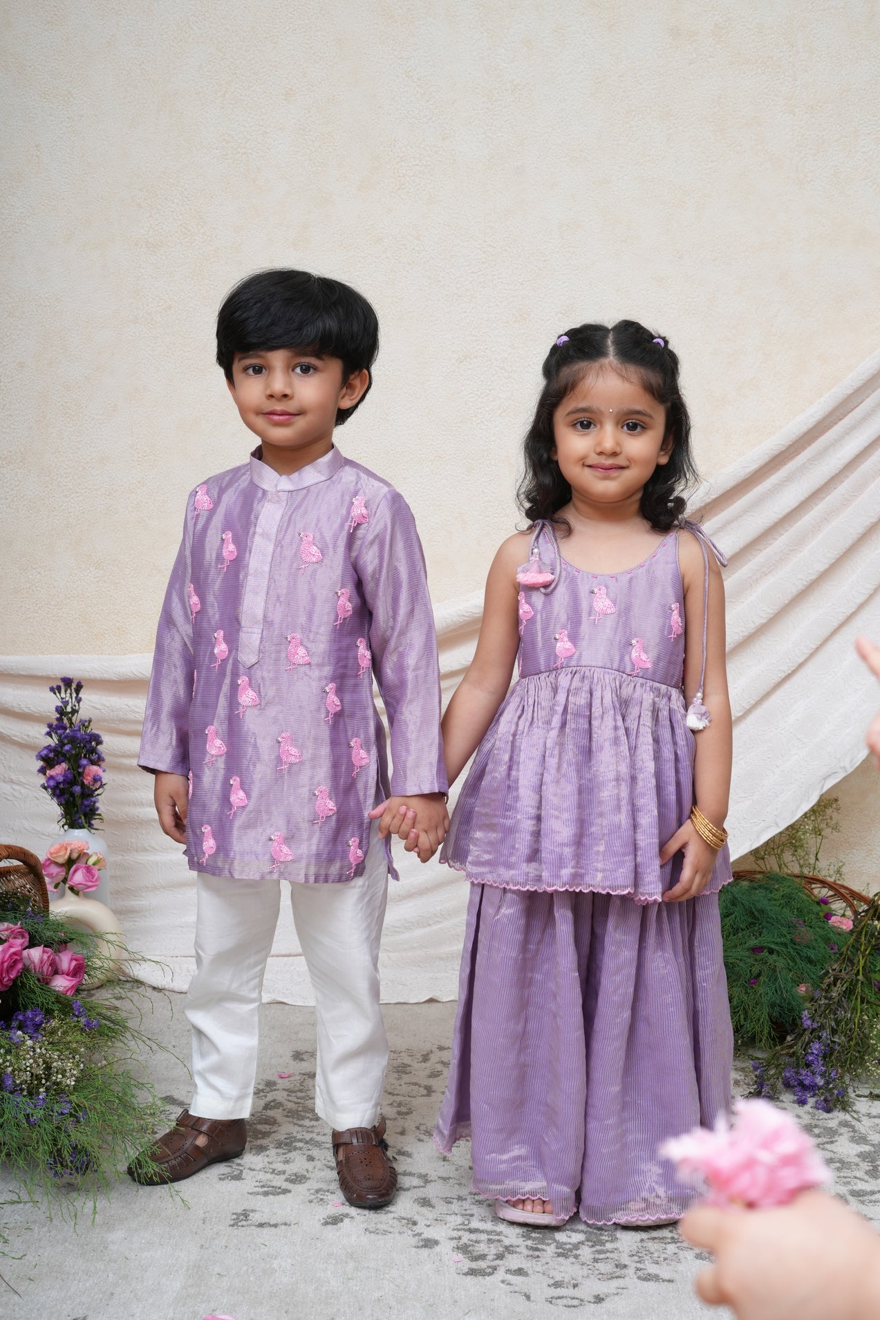 Flamingo Embroidered Lavender Tissue Kurta and Pant