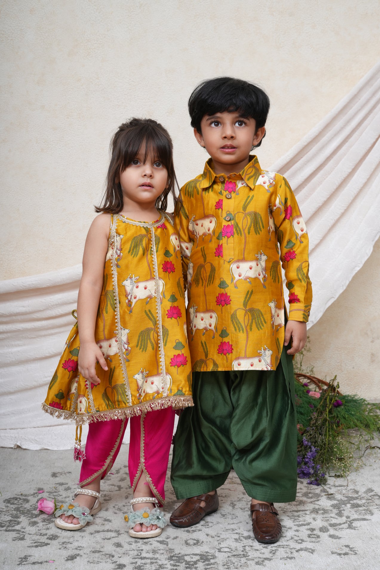 Mustard Cow Printed Kurta and Dhoti