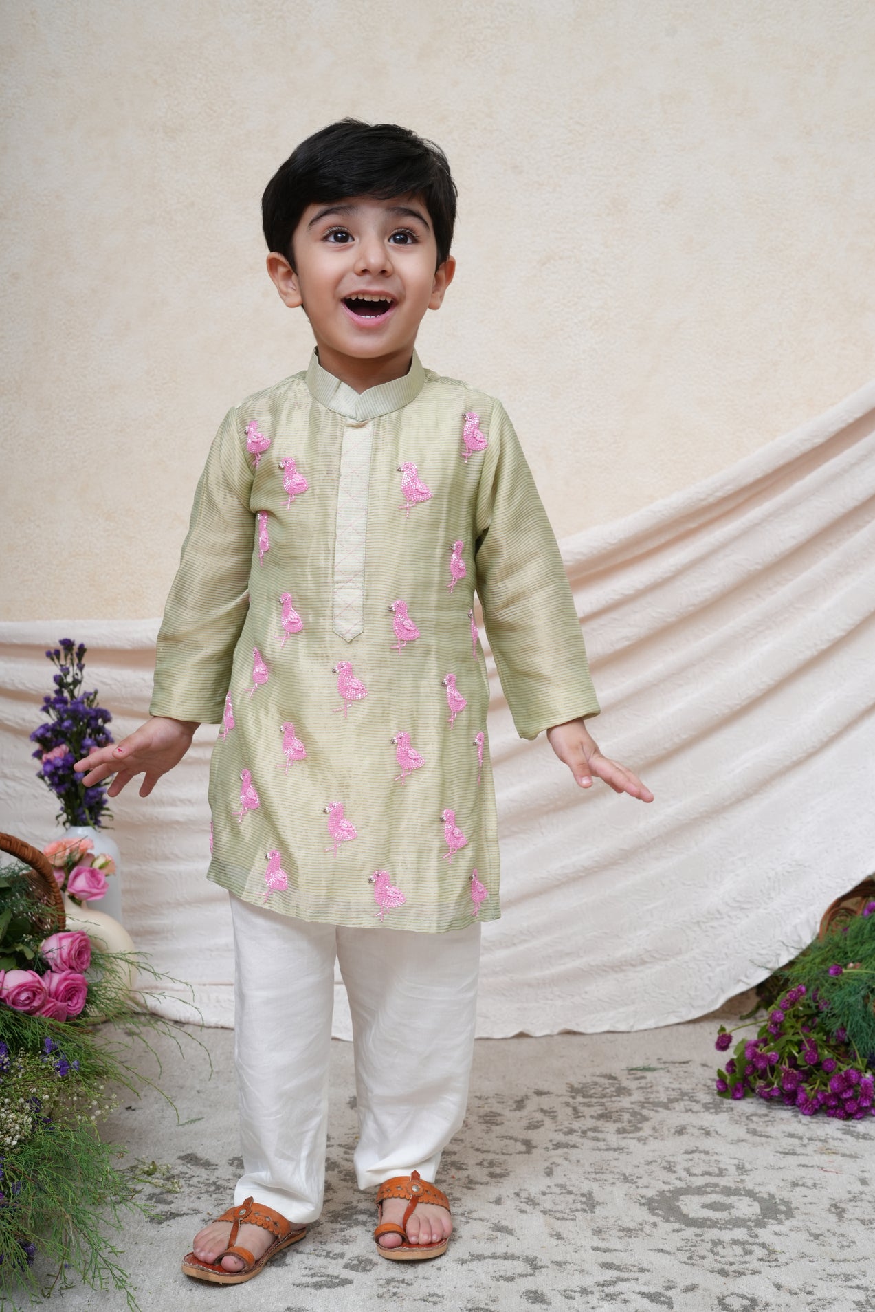 Flamingo Embroidered Mint Tissue Kurta and Pant