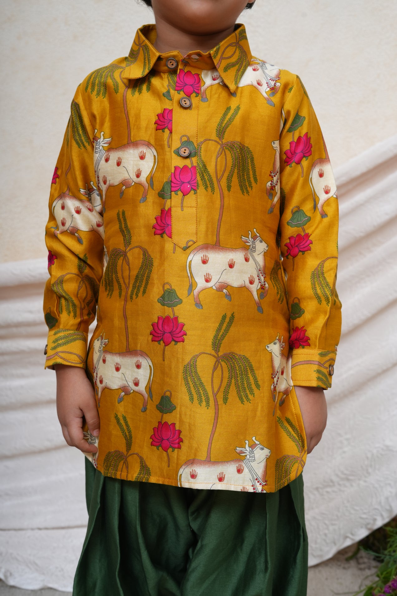 Mustard Cow Printed Kurta and Patiala