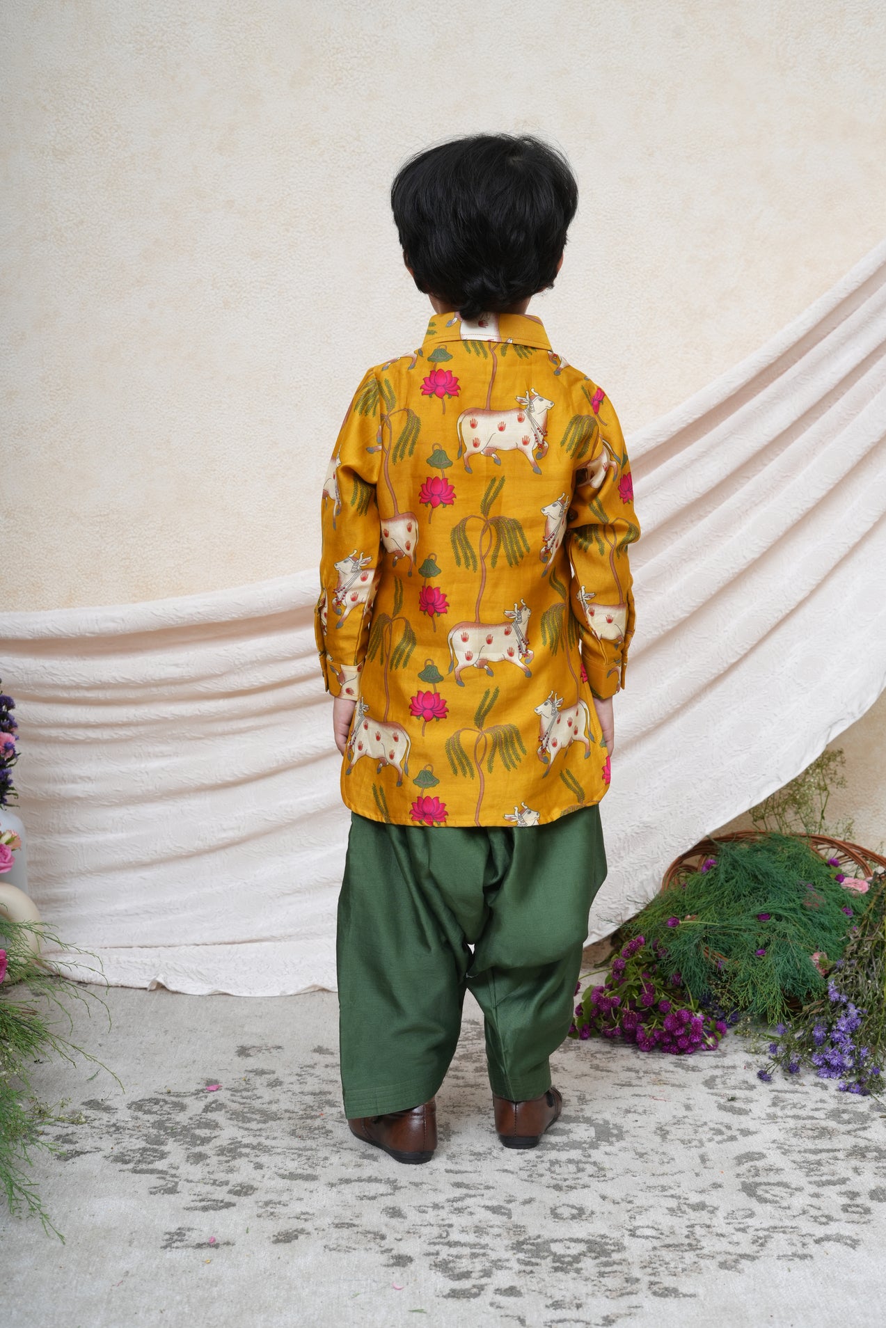 Mustard Cow Printed Kurta and Patiala