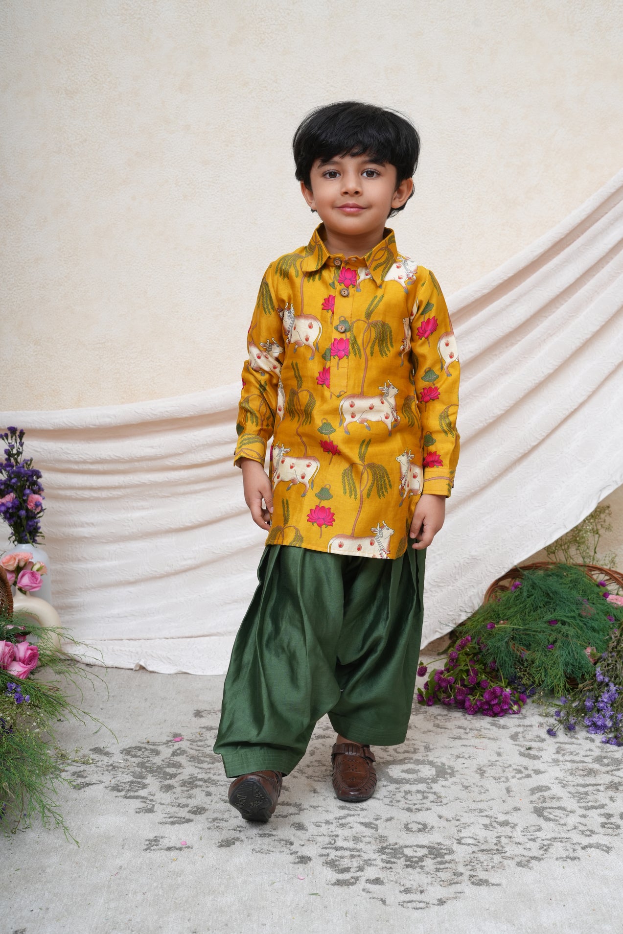 Mustard Cow Printed Kurta and Patiala