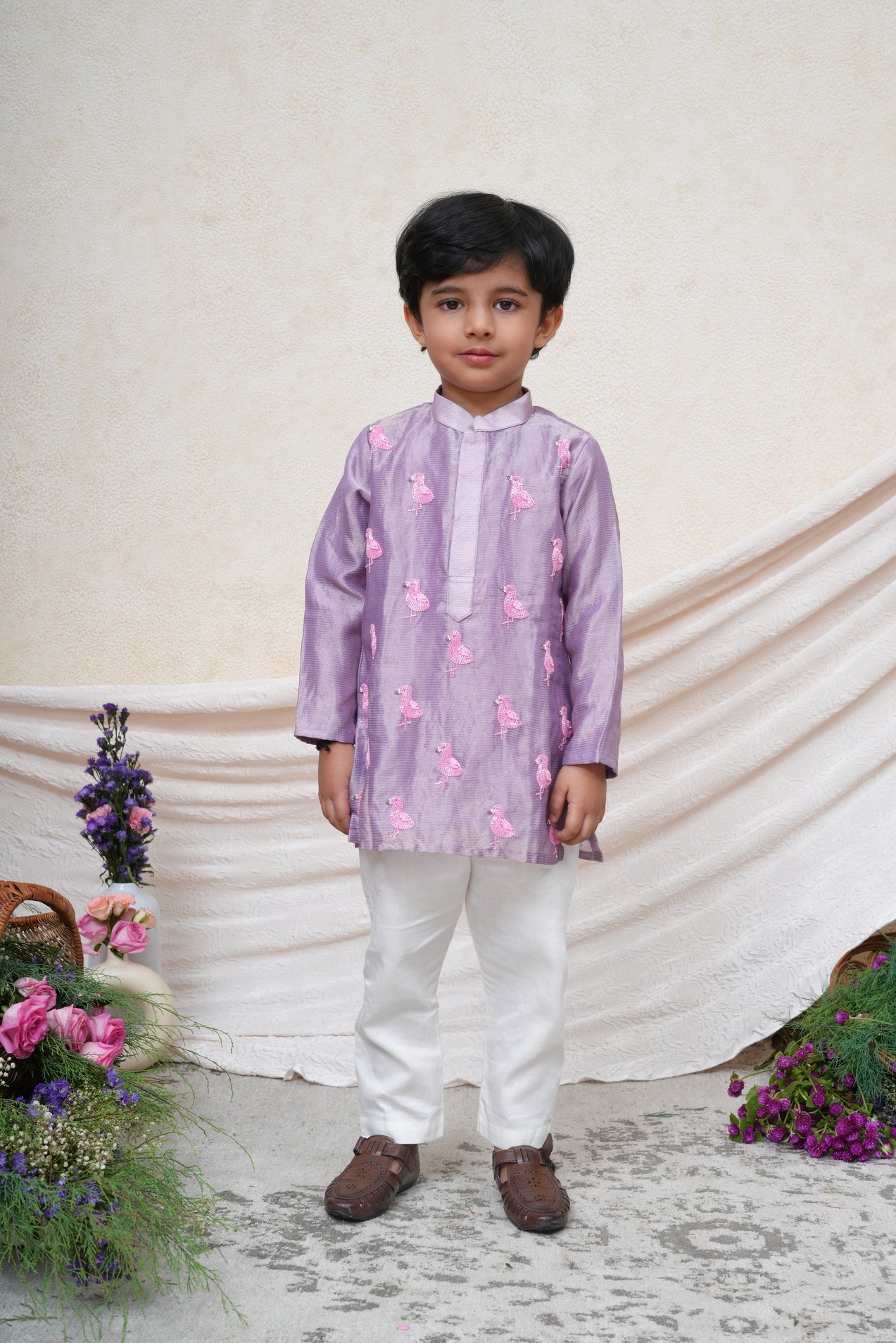 Flamingo Embroidered Lavender Tissue Kurta and Pant