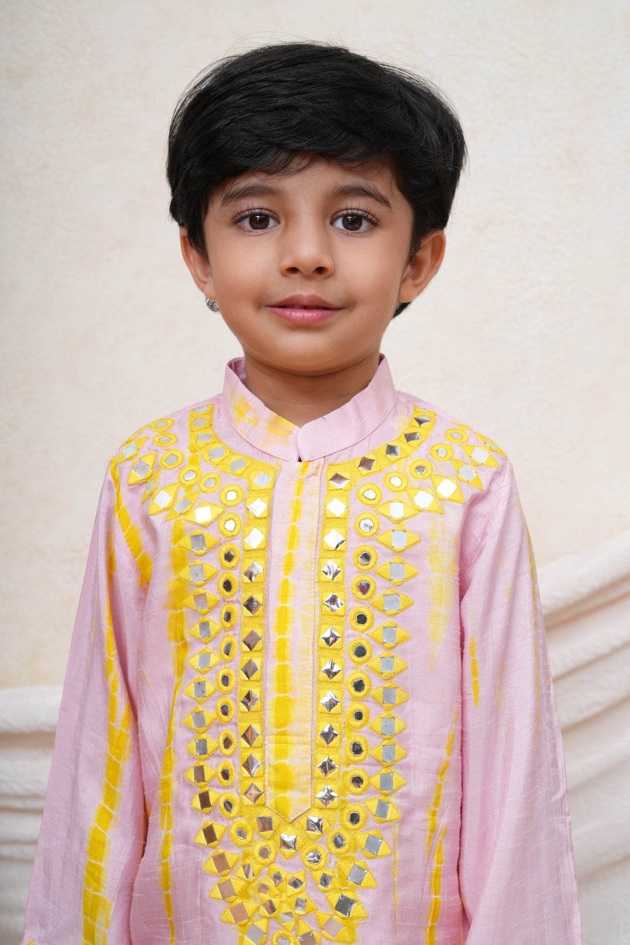 Mirror and Thread Embroidered Pink and Lime Green Shiboree Kurta and Pant