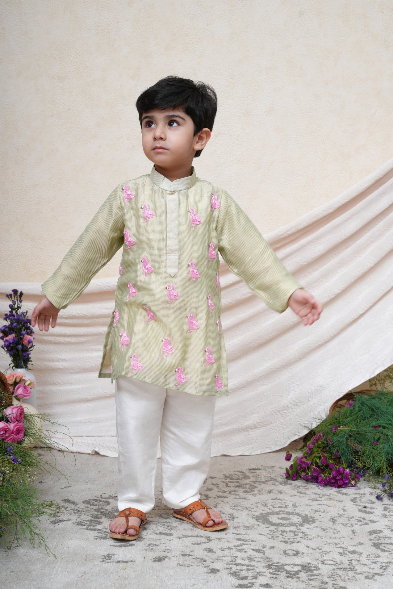 Flamingo Embroidered Mint Tissue Kurta and Pant