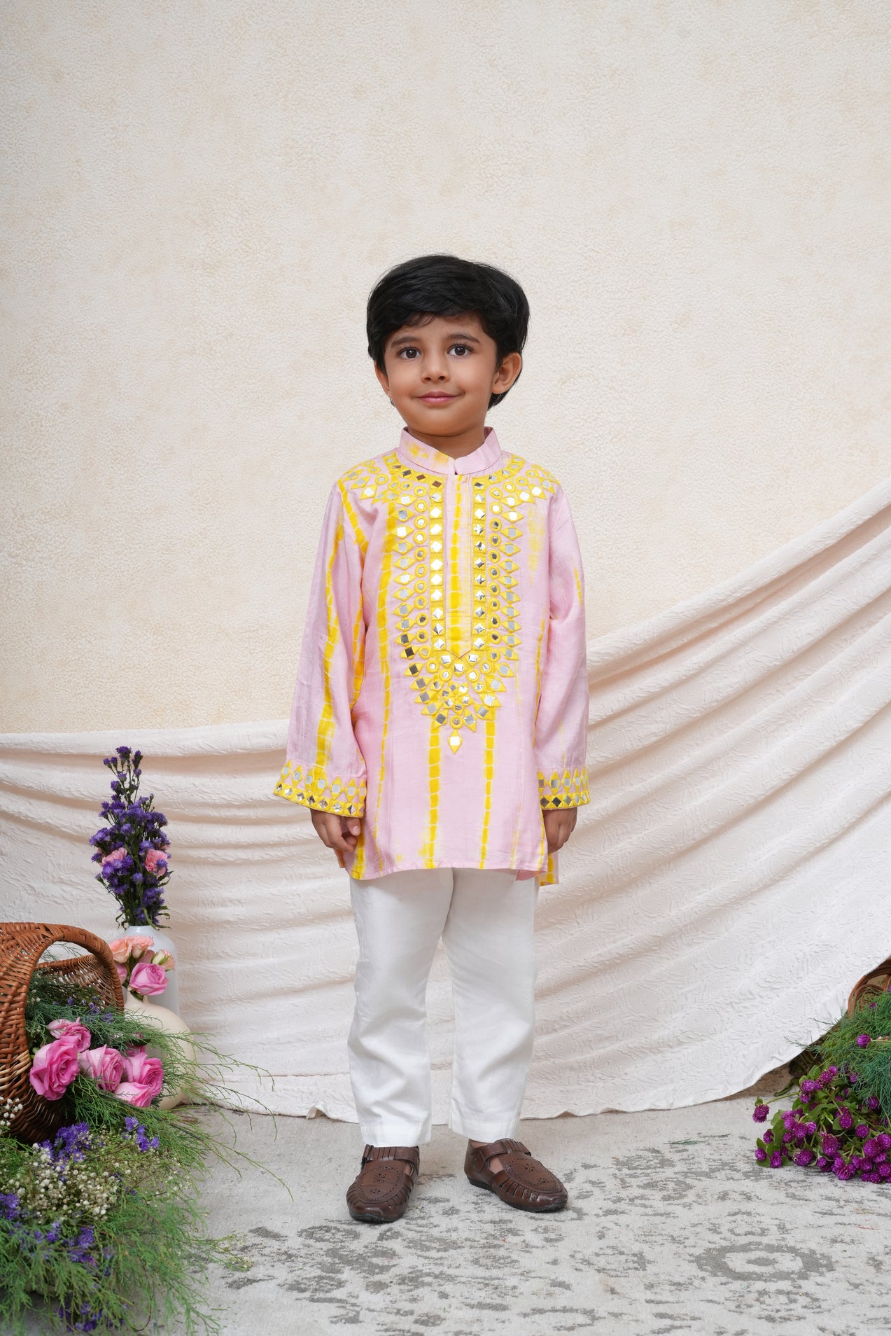 Mirror and Thread Embroidered Pink and Lime Green Shiboree Kurta and Pant