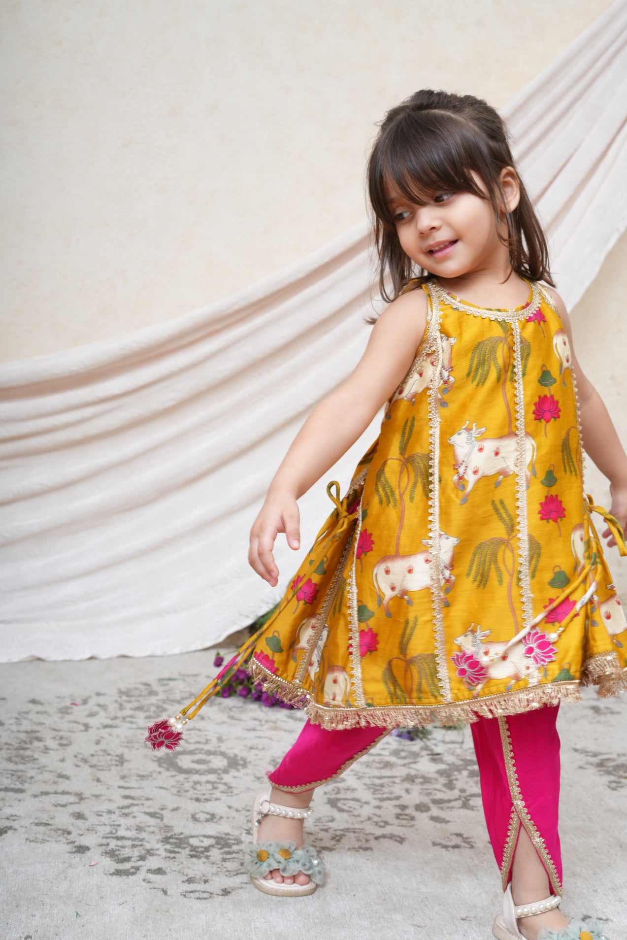 Mustard Cow Printed Kurta and Dhoti
