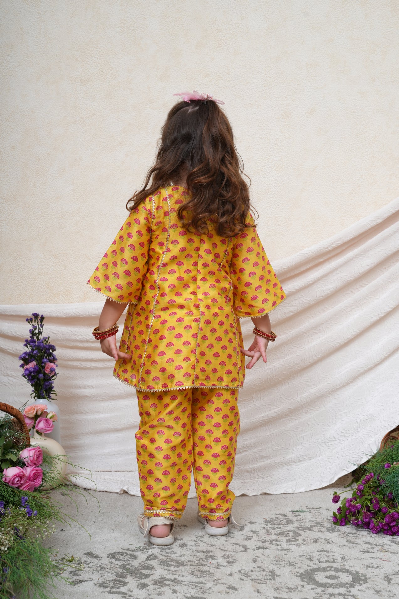 Yellow Chanderi Printed Gota Lace Detailed Kurta and Pant