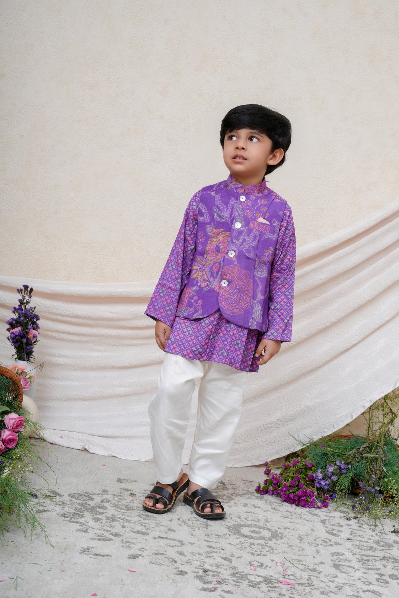 Floral Printed Purple Nehru Jacket Set