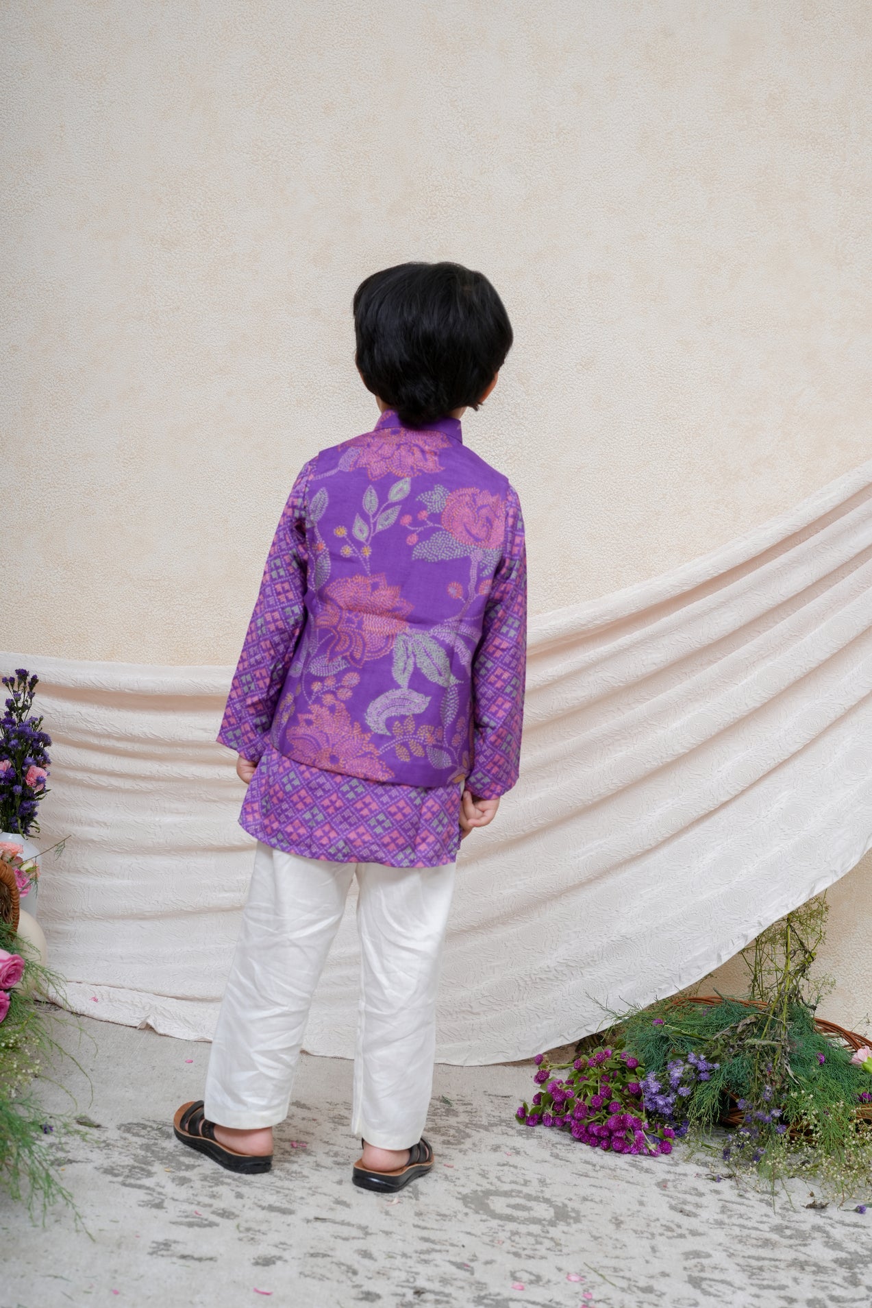 Floral Printed Purple Nehru Jacket Set