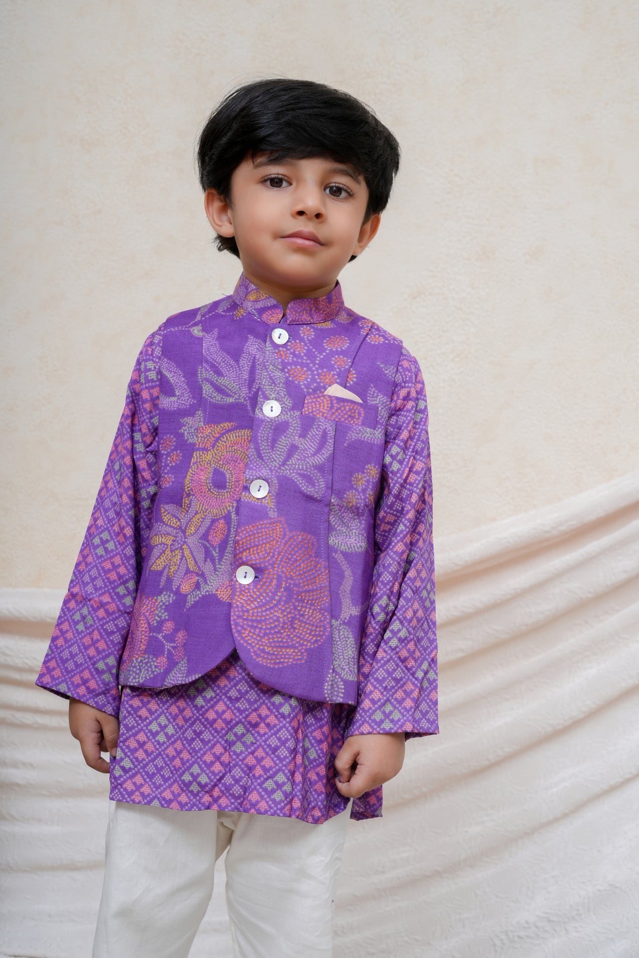 Floral Printed Purple Nehru Jacket Set