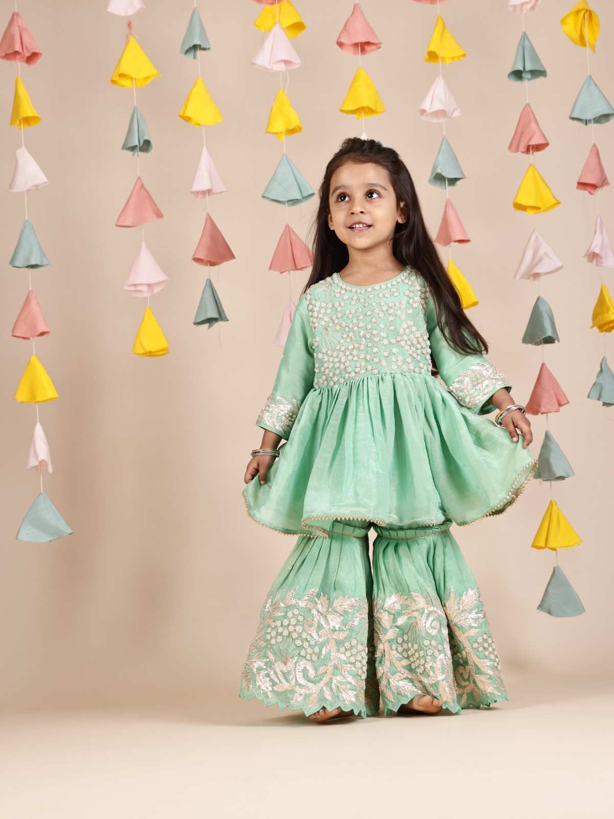 Sea Green Moti Gota Peplum Kurta and Sharara