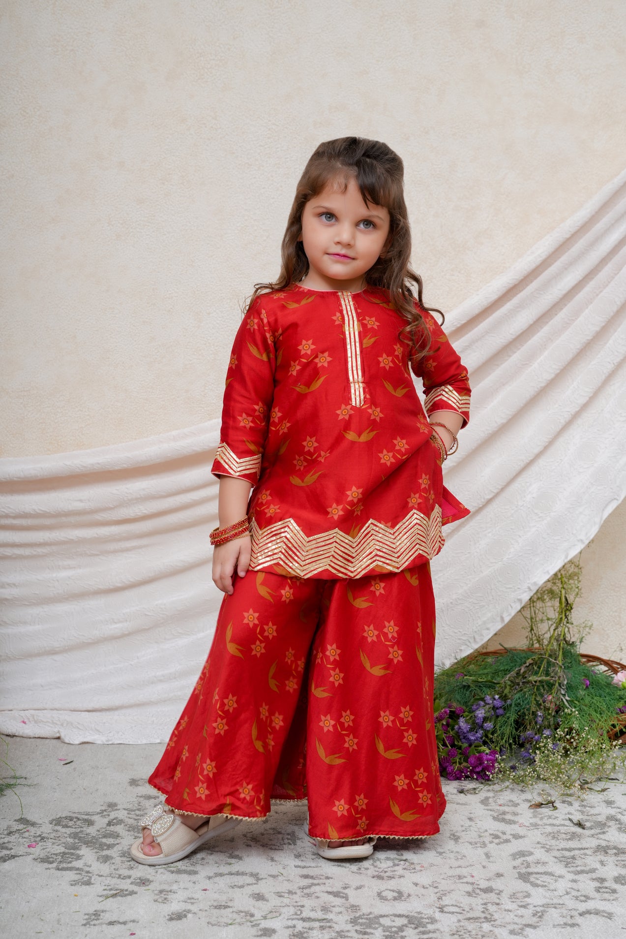 Red Chanderi Floral Printed Gota Embroidered Kurta and Flare Pant
