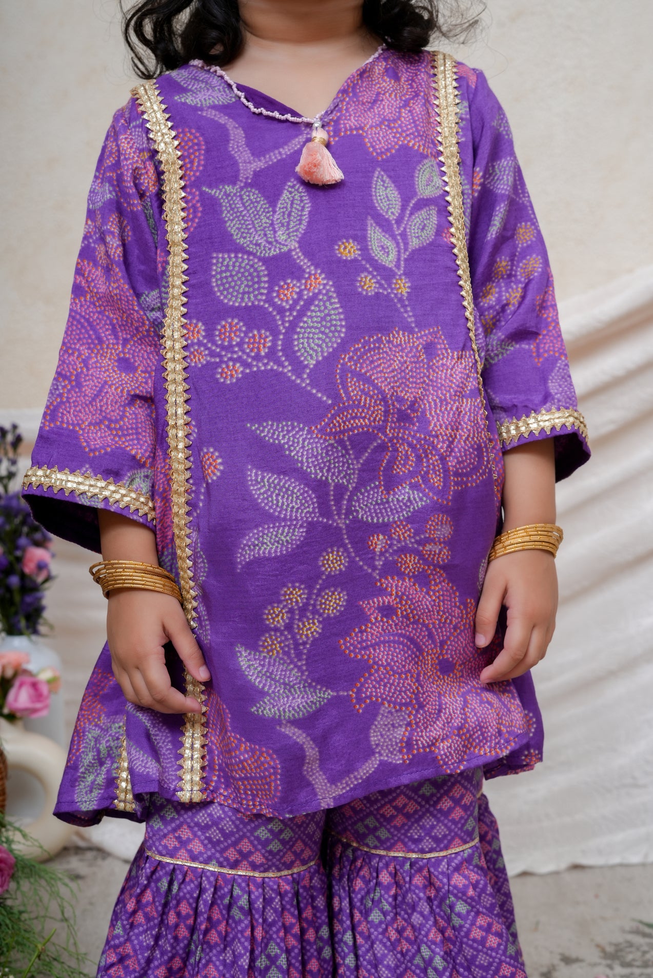 Gota Lace Detailed Purple Printed Kurta and Sharara