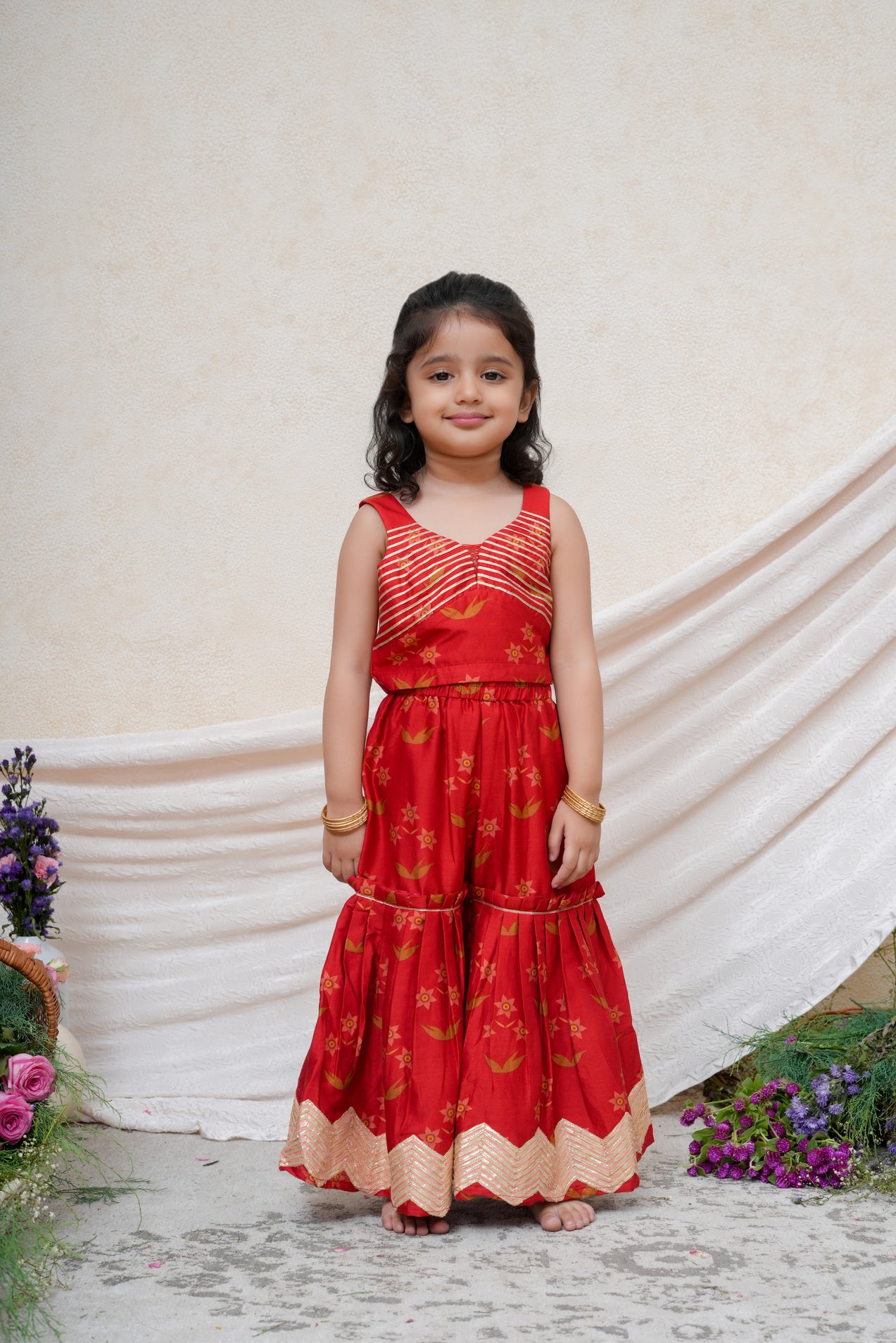 Red Chanderi Printed Gota Lace Embroidered Blouse and Sharara